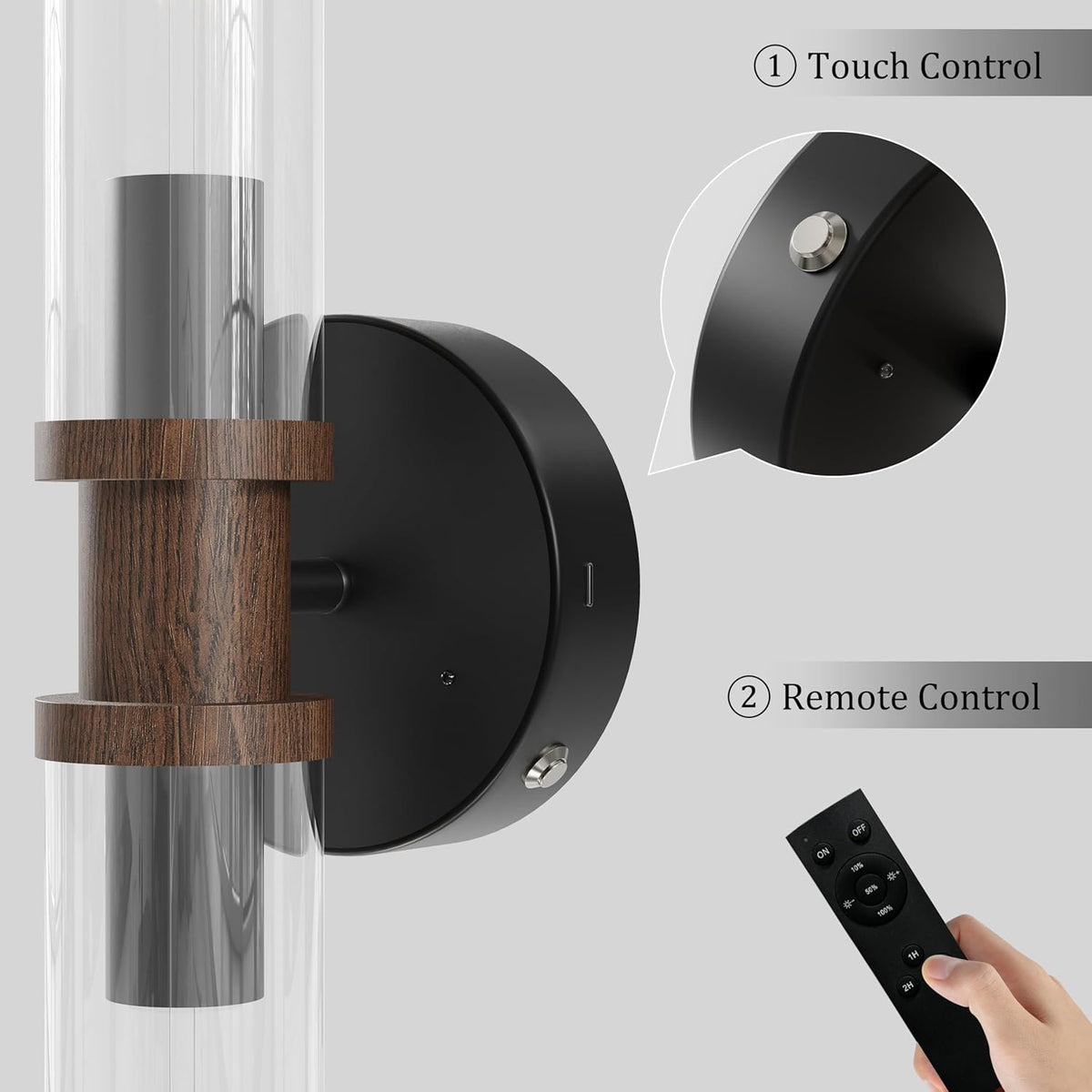 Rayogale Black & Walnut Wireless Battery Operated Wall Sconces with Remote | Glass Rechargeable Wall Lights Set of 2