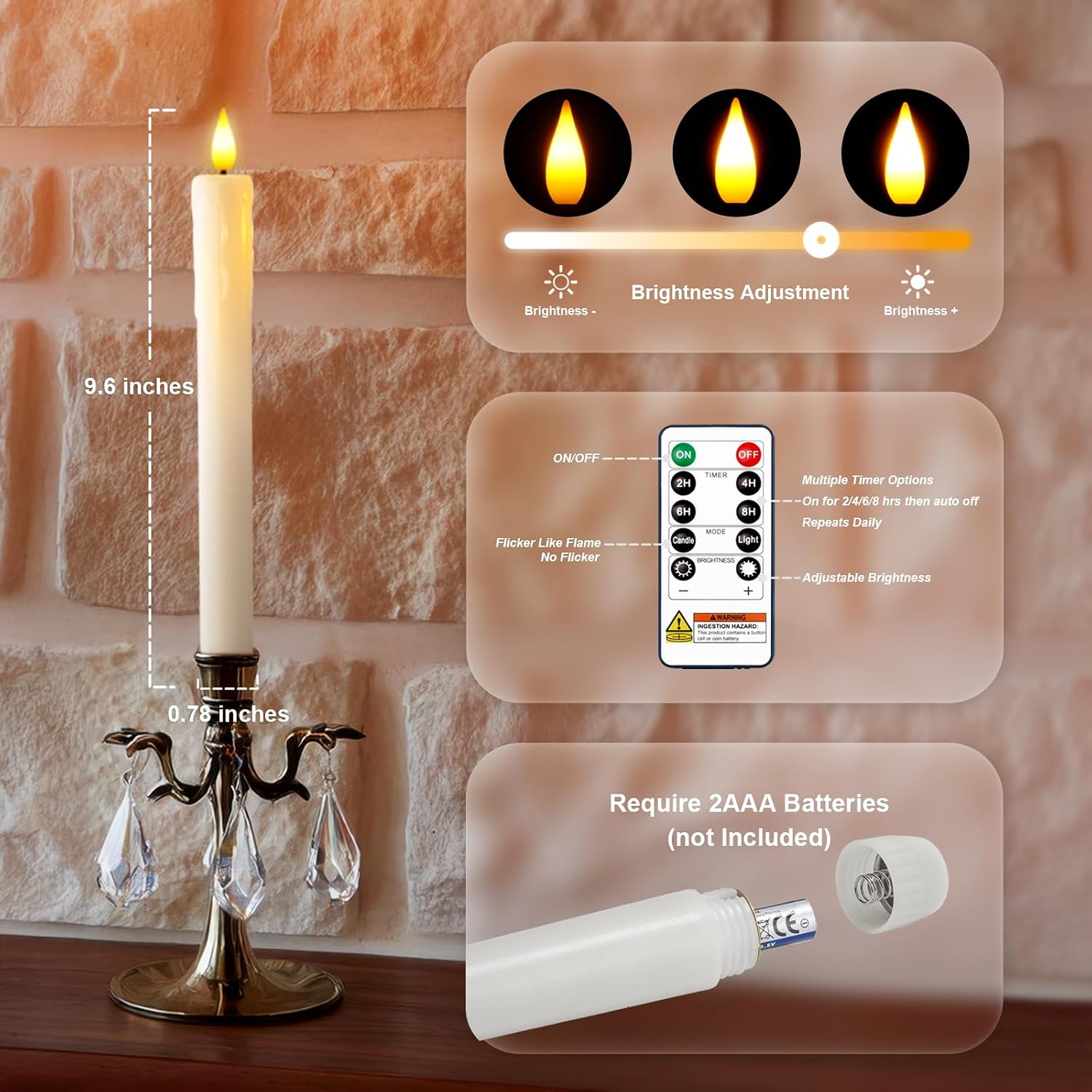 Homemory Real Wax LED Flameless Taper Candles with Timer, Dripless Fake Candlesticks with 3D Flickering Flame, 9.6