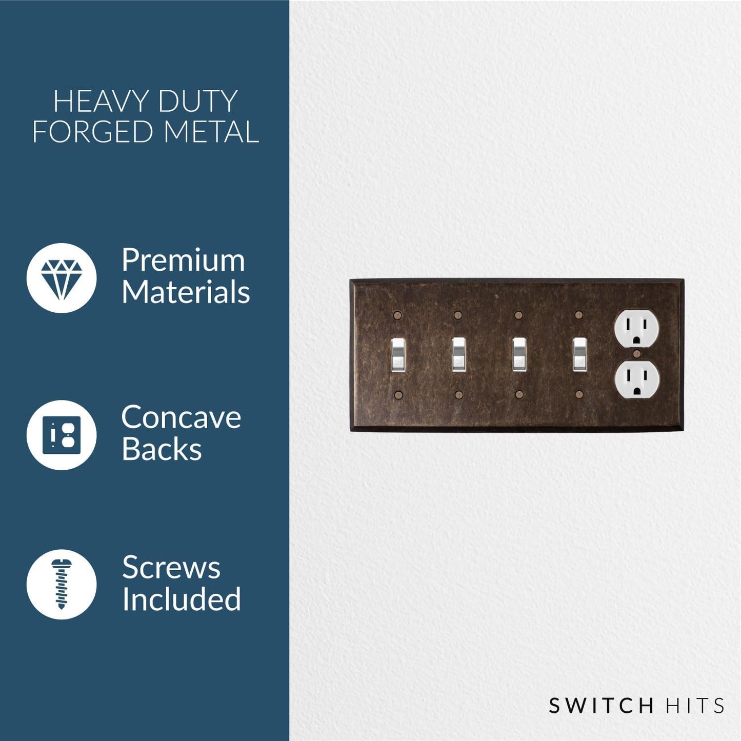 Quad Light Switch Plate Outlet Cover GFCI Wall Plate | 4 Toggle - 1 Duplex Mottled Antique Brass Electrical Faceplate