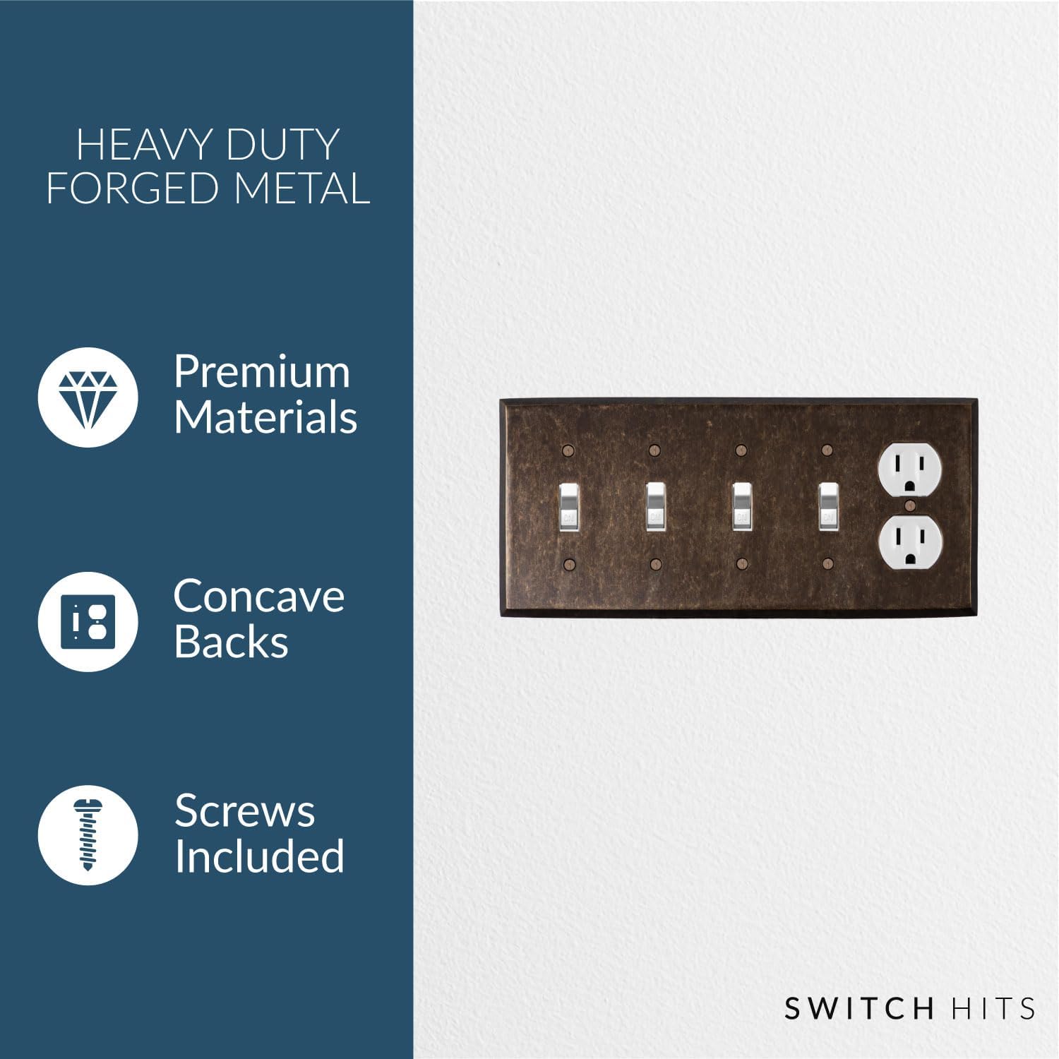 Quad Light Switch Plate Outlet Cover GFCI Wall Plate | 4 Toggle - 1 Duplex Mottled Antique Brass Electrical Faceplate
