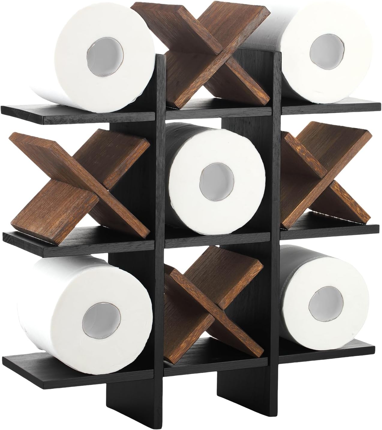 Weysat Tic Tac Toe Toilet Paper Holder,Black, Dark Brown | Farmhouse Bathroom Decor, Freestanding or Wall Mount Storage