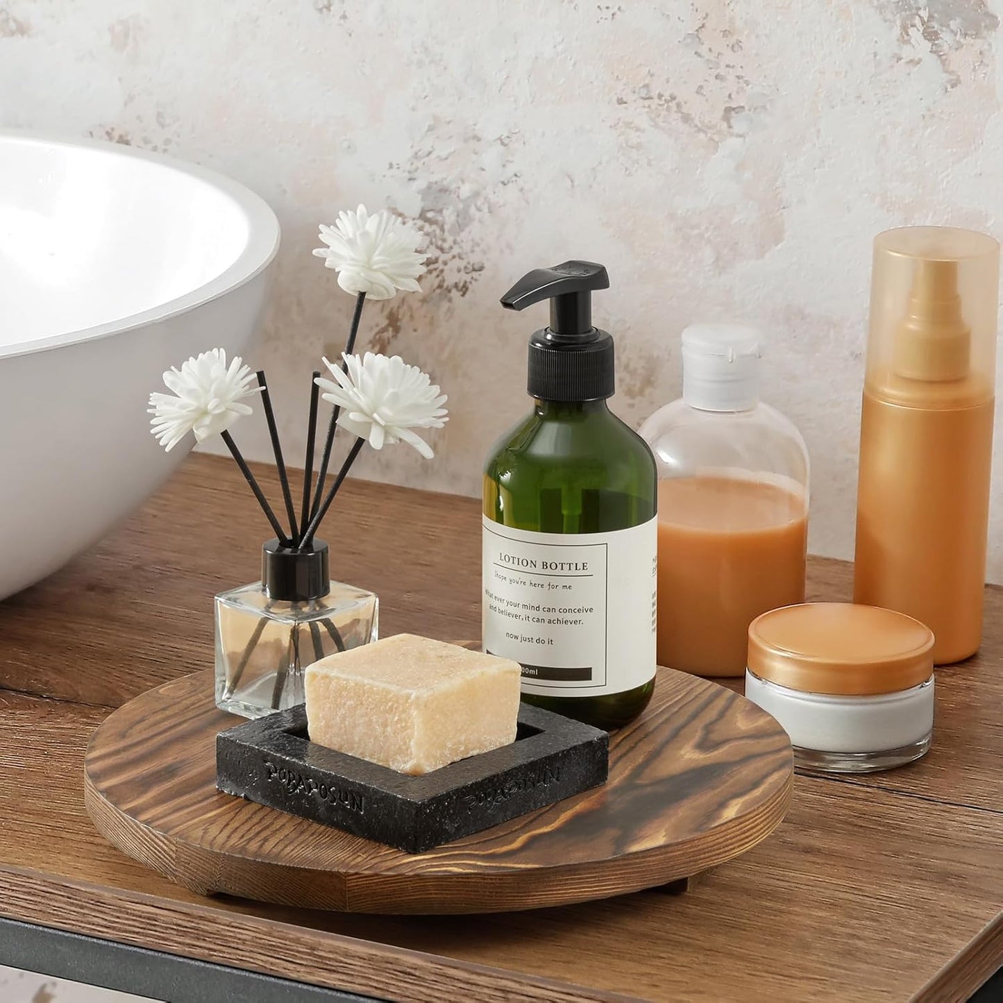 Round Decorative Tray Burnt Wood Bathroom Counter Organizer Pedestal Stand / Brown / Set of 10