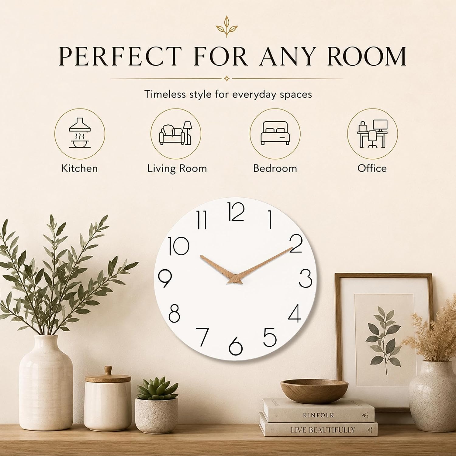 cicininc 16 Inch Battery Operated Wall Clock, Silent Analog, White | Large Size | Living Room | Office | Kitchen
