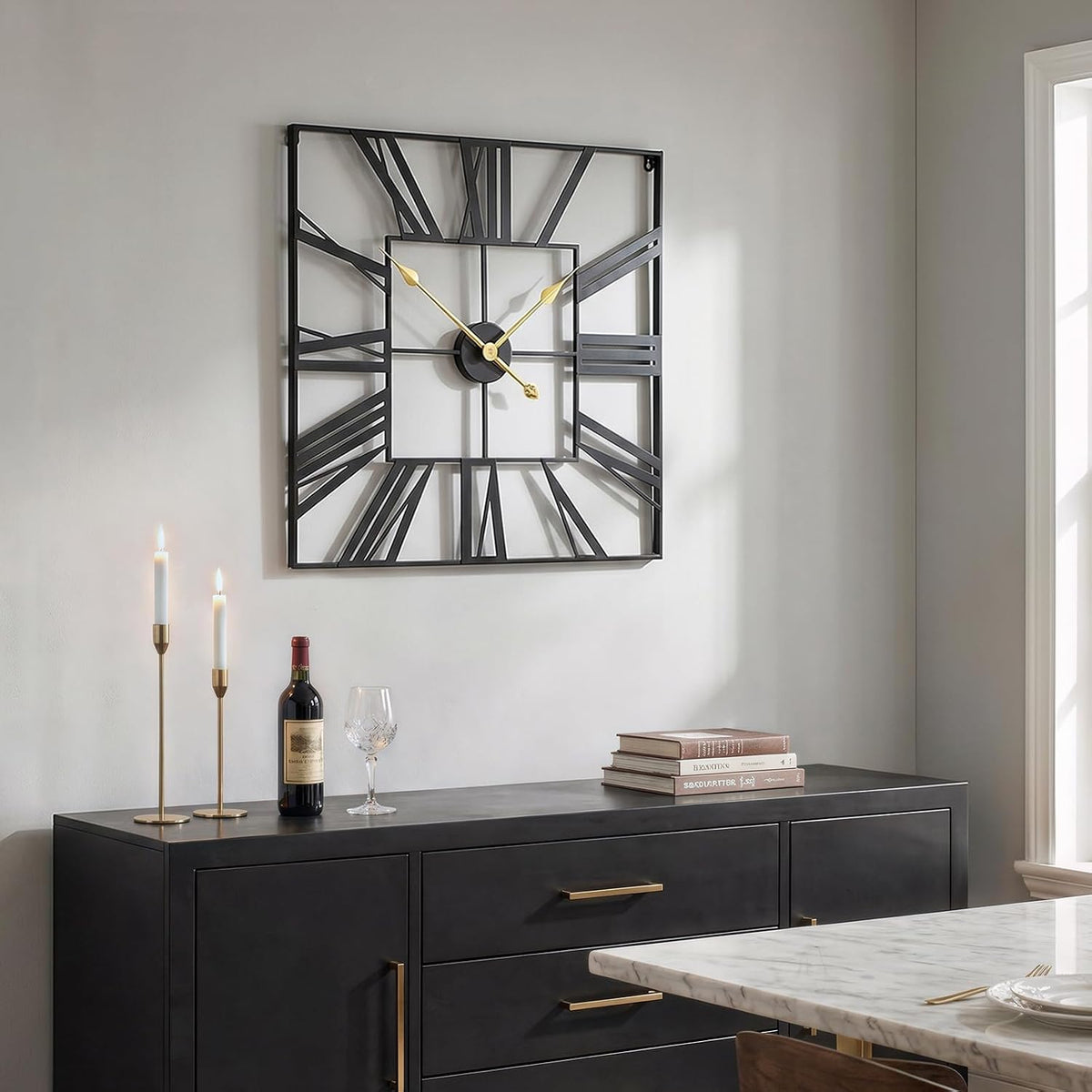 Cuspin 24 Inch Square Wall Clock, Large Black Metal Roman Numeral Clock | Battery operated, Silent non ticking, modern