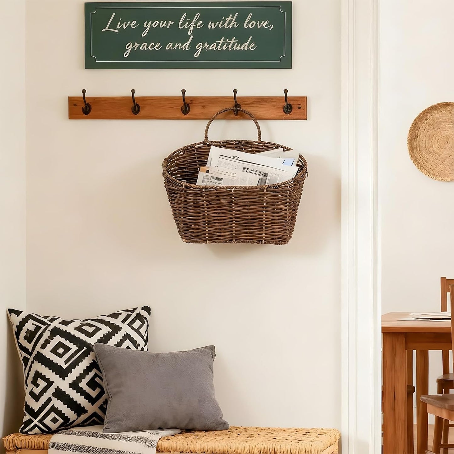 Rustic Farmhouse Wall Decor Organizer / Plastic Rattan Tube - Dark Brown / Small