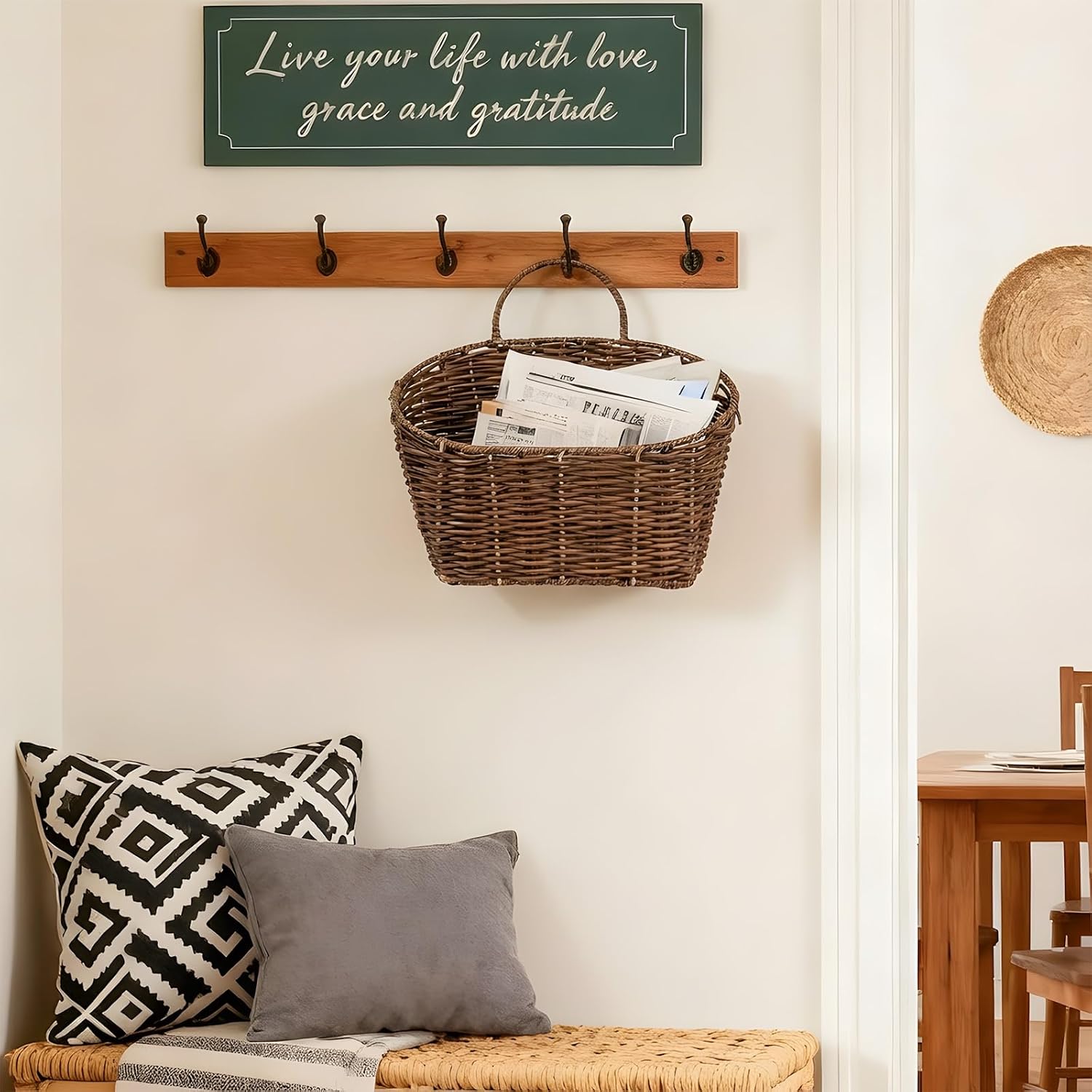 Rustic Farmhouse Wall Decor Organizer / Plastic Rattan Tube - Dark Brown / Small