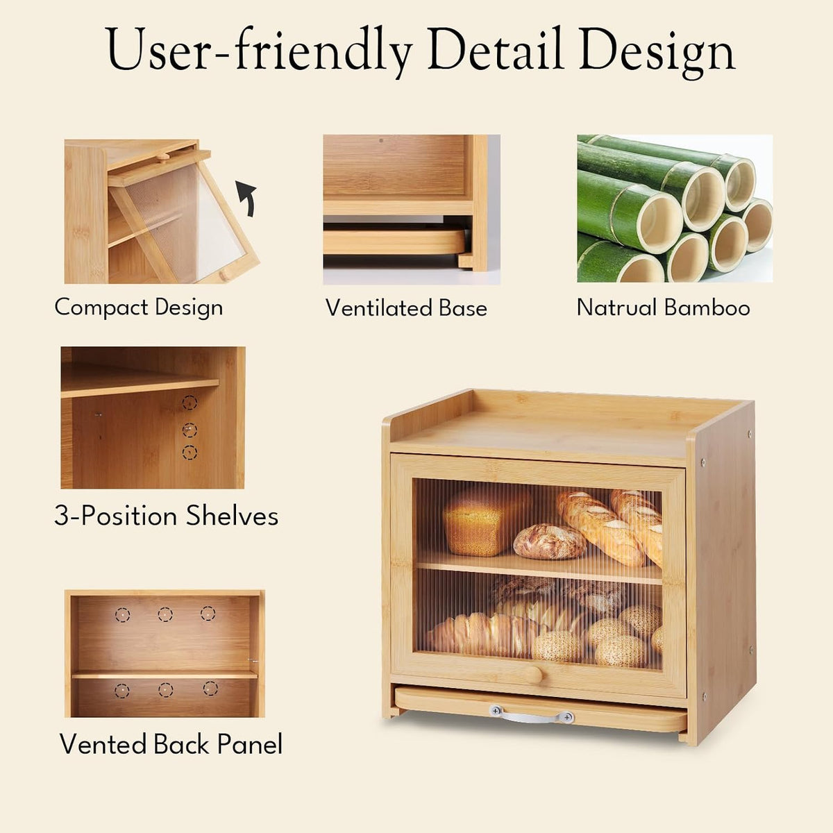 Bamboo Bread Box, Double Layer, Cutting Board, Kitchen, Natural | See-Inside Acrylic, Magnetic Closure, Countertop