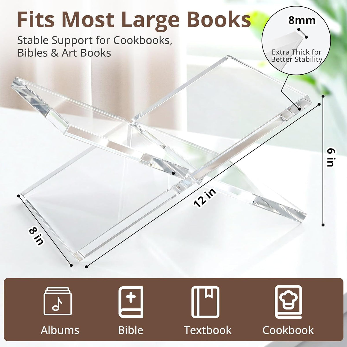 Acrylic Book Stand 12×8×6, Clear 8 mm Thick Book Holder & Display Stand for Cookbooks, Bibles, Art Books, Recipe Books