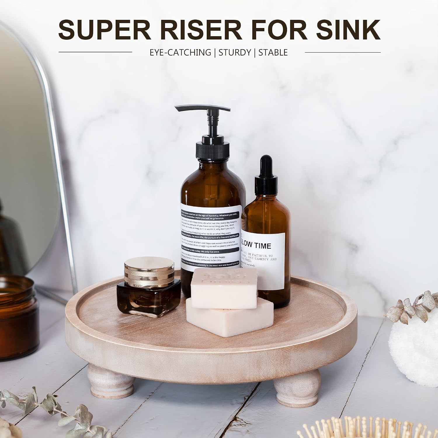 EOSAHR Wood Display Riser: Pedestal Stand for Kitchen Decor, Natural Wood | 10" Round Farmhouse Risers for Decor, Plant