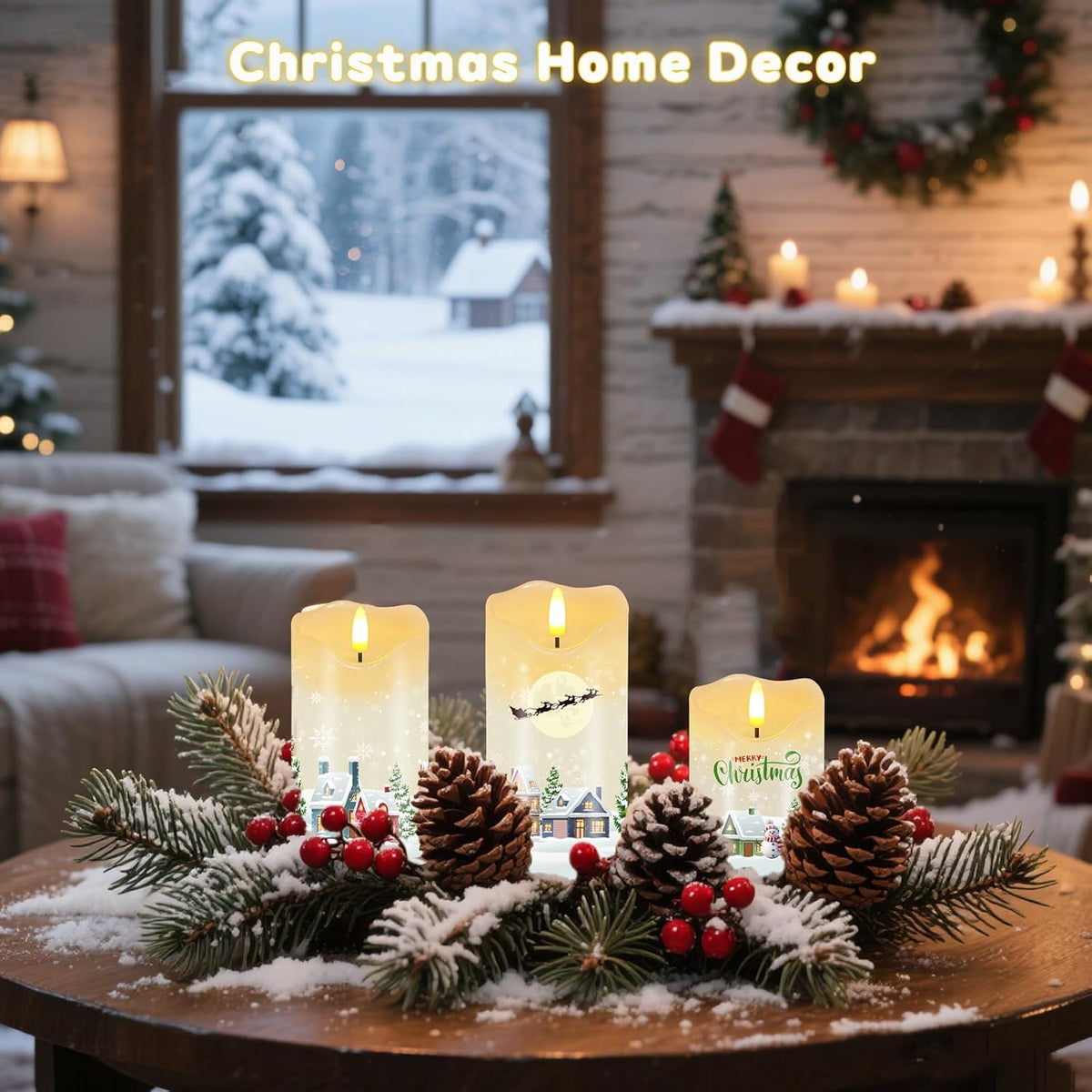 3PC Christmas Flameless Candles, Winter Cabin Candles with Remote & Timer | Flickering Real Wax Pillar Candles Battery