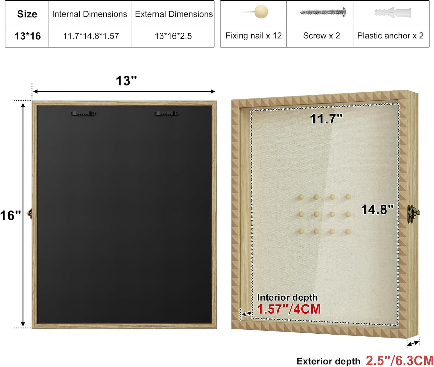 SZQINJI Shadow Box Frame 13x16 Deep Large Memory Box Display Cases, Natural | Shadow Box, Front Opening Vintage Lock