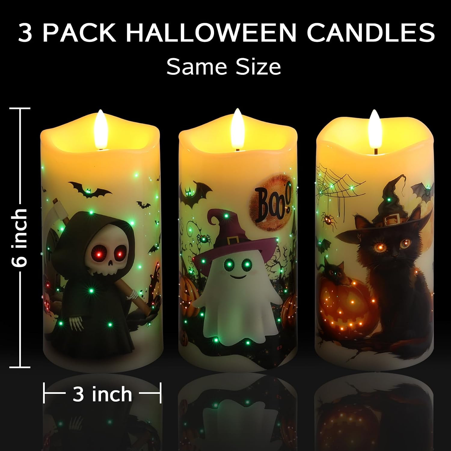 Fiber Optic Halloween Flameless Pillar Candles with Remote 3 Pack | Ghost Cat Bat LED Candles Flickering, 3 AA Battery