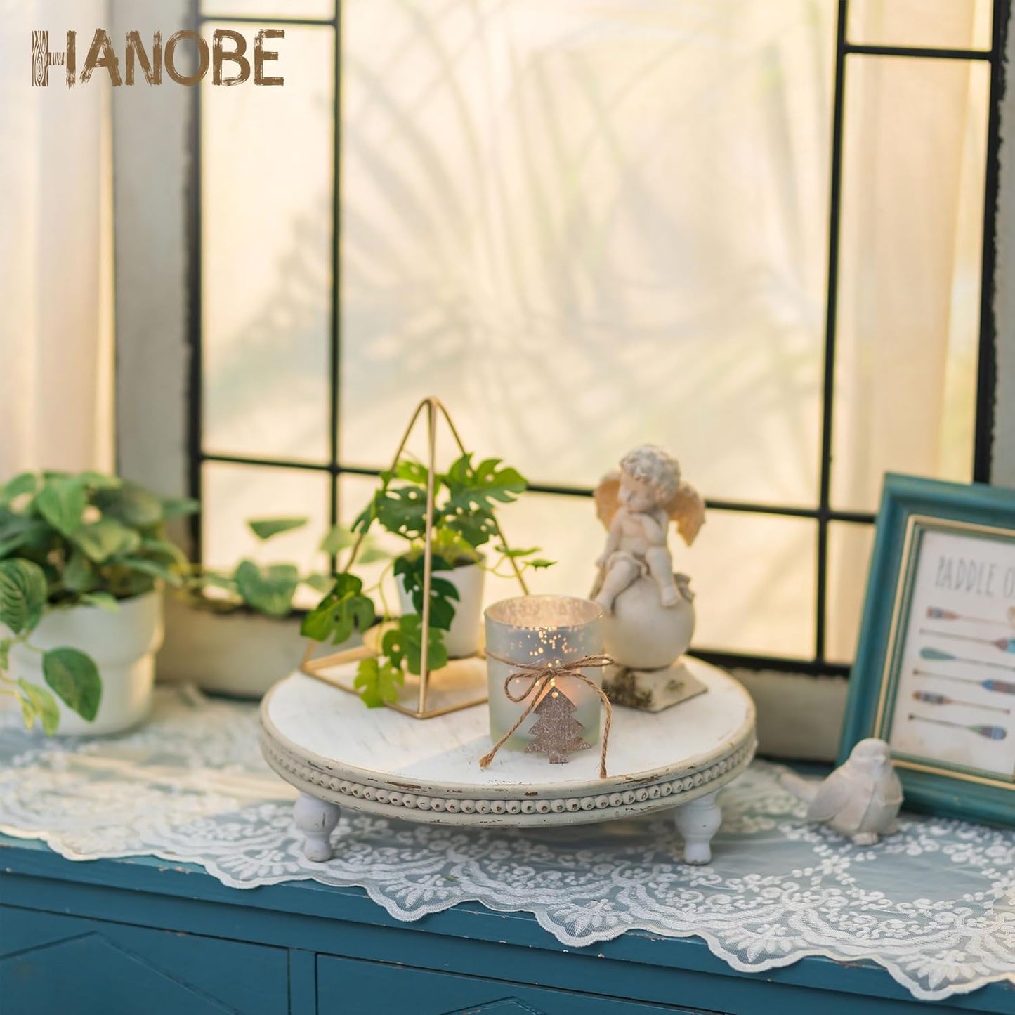 Beaded Wood Pedestal Risers Farmhouse Circle Display Holder / White