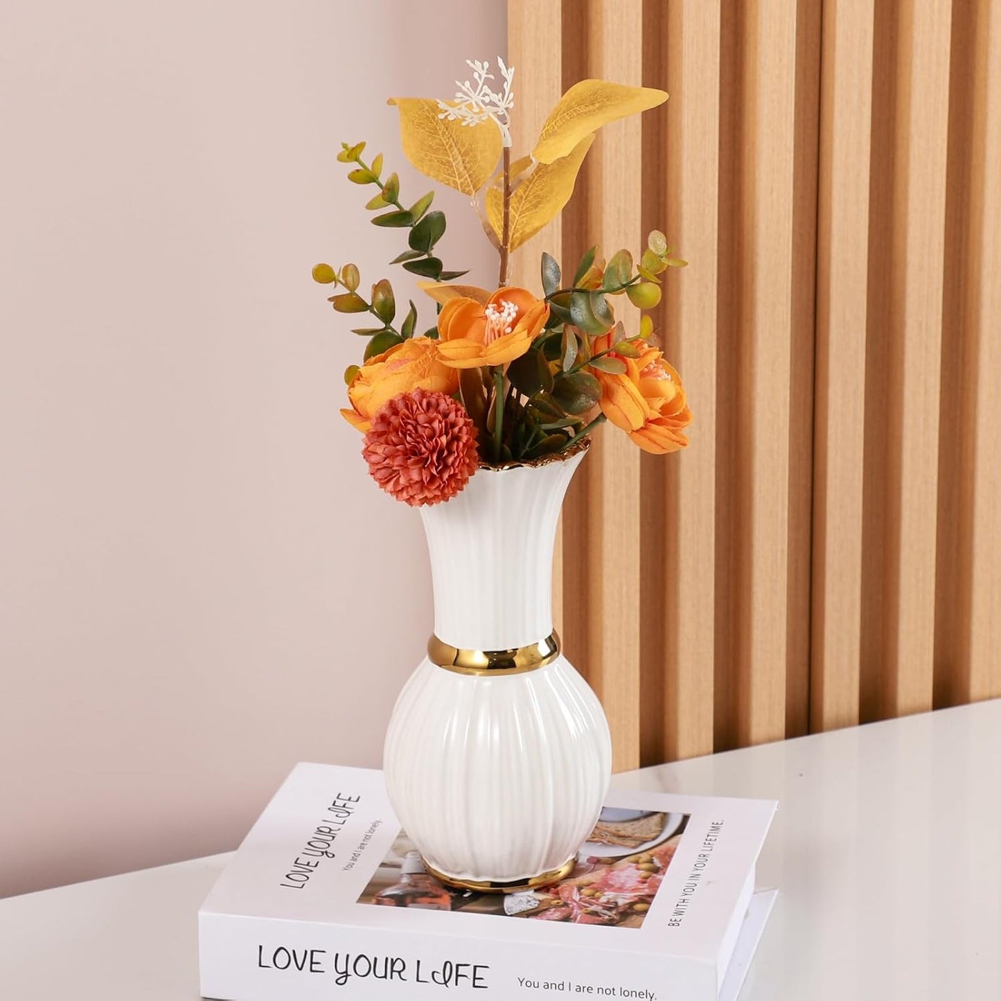 Gold Ceramic Vase / Small / White / 7 Inch
