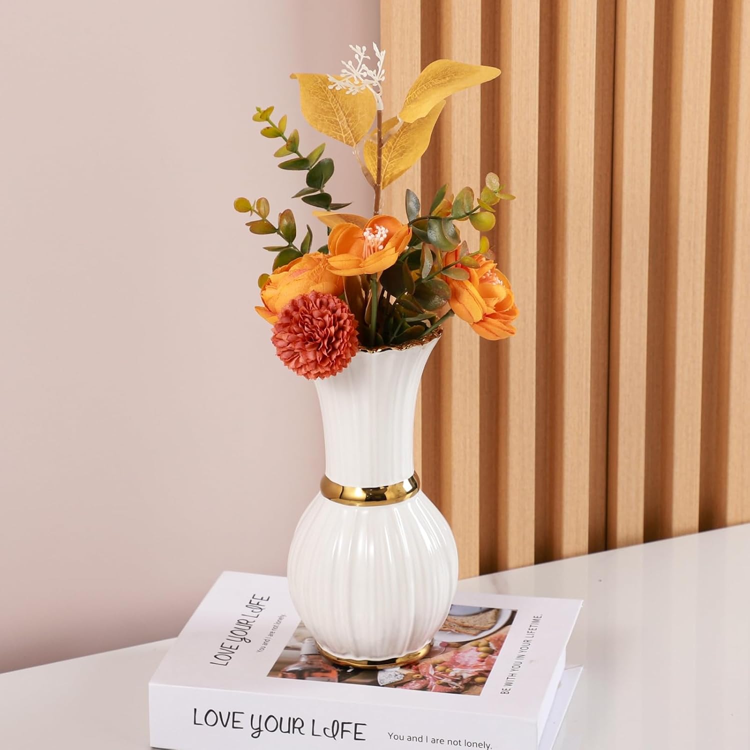 Gold Ceramic Vase / Small / White / 7 Inch