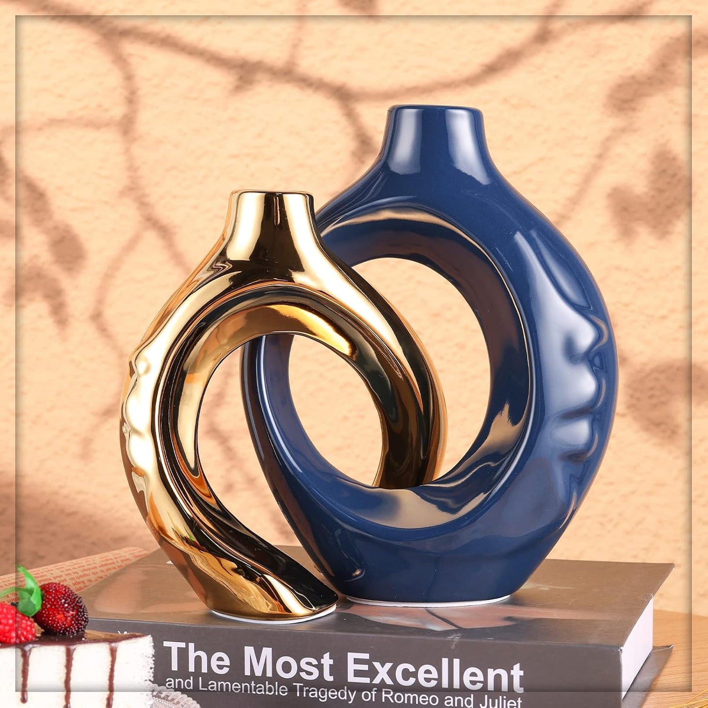 Navy Blue Home Decor Ceramic Vase / Blue Gold / Set of 2