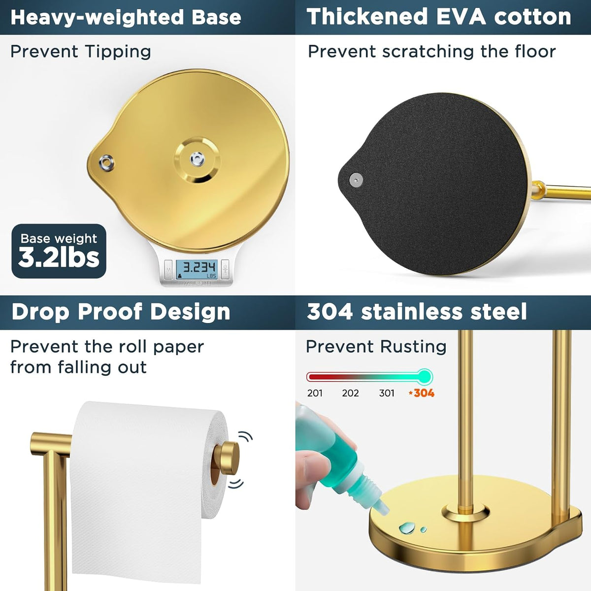 theaoo Heavy-Duty Toilet Paper Holder Stand, Bathroom Storage, Gold | Freestanding Toilet Tissue Paper Roll Holder with