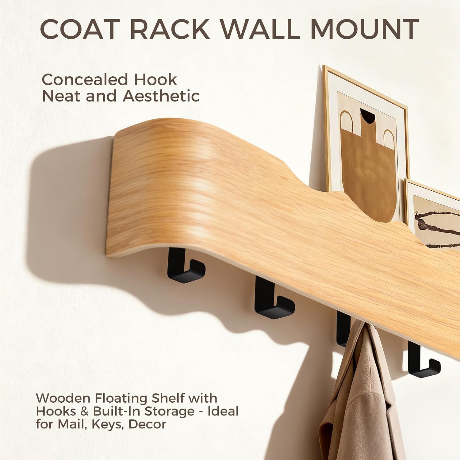 Shelf Entryway Shelf Modern Key Holder Hanger Wall Shelves / Wavy Oak / 5 Hooks