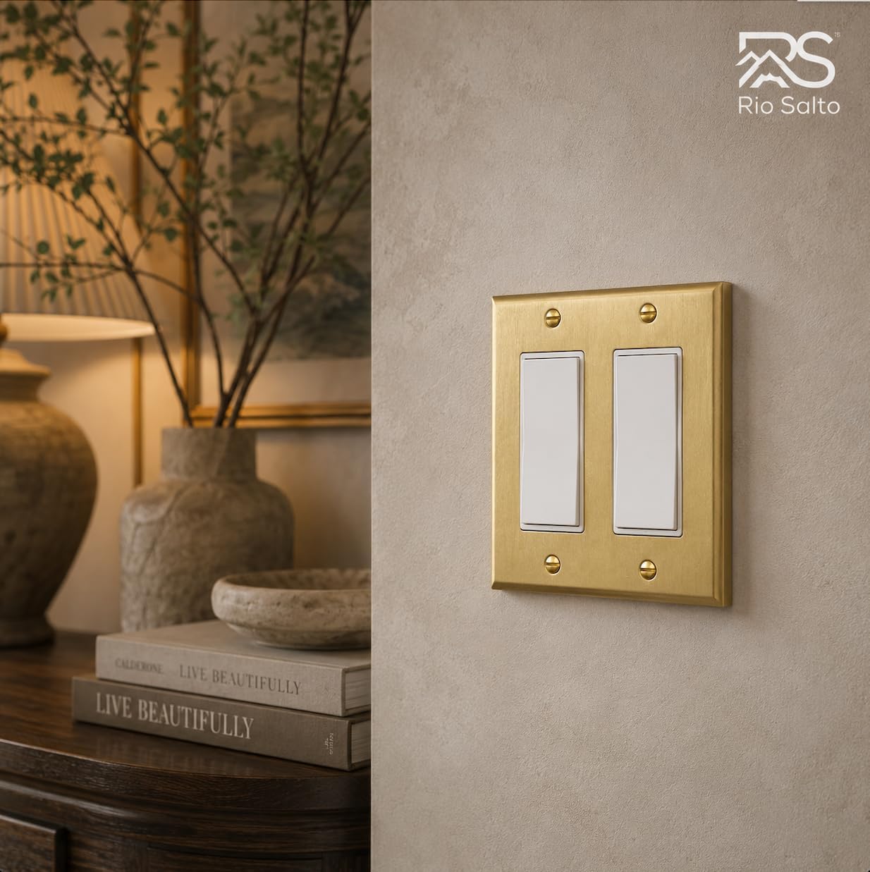 Rio Salto BRASS Decorative Brushed Brass Gold 2 Light Switch Cover Double Rocker Switch Plate 2 Pack Premium Wall Plate