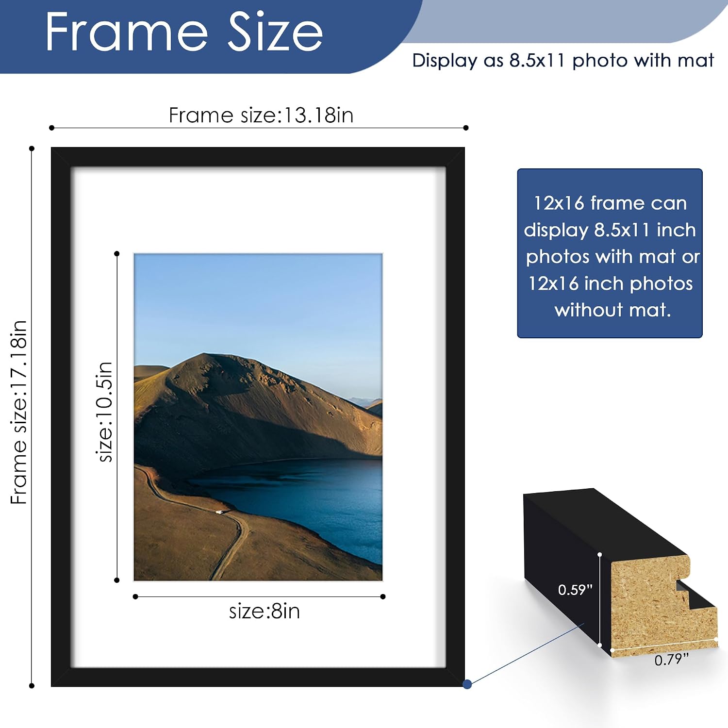 12x16 Picture Frame Set of 6, Wall Mounting Display, Black | Display 8.5x11 with Mat or 12x16 Without Mat, Horizontal