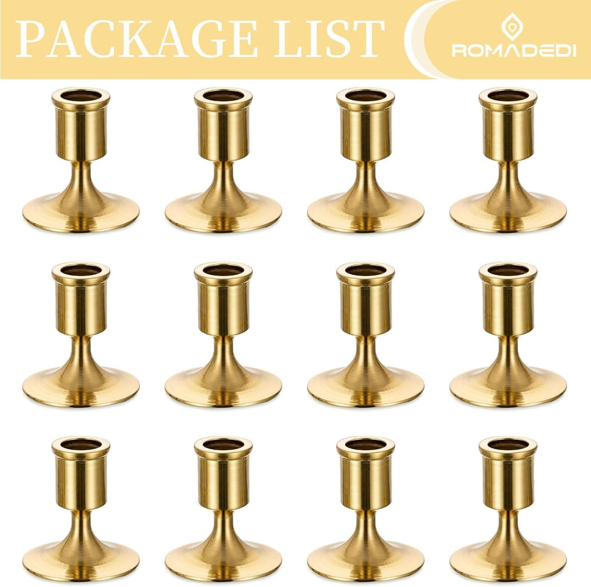 Romadedi Gold Candlestick Candle Holders for Taper, 12 PCS Gold Brass Color Candle Stick Candle Holder for Table
