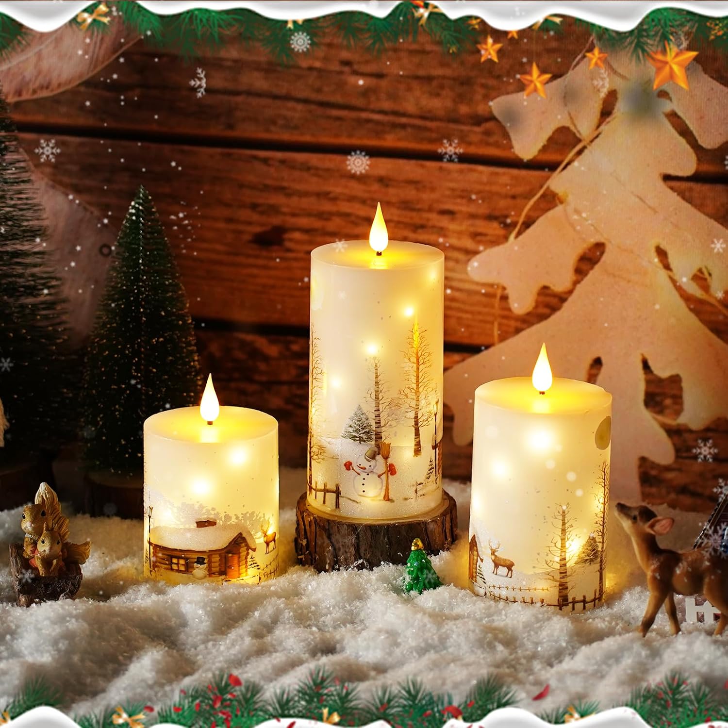 Christmas Flameless Candles with Remote - White LED Candles & String Lights, Battery Operated Set of 3 (D3 x H4/5"/6")