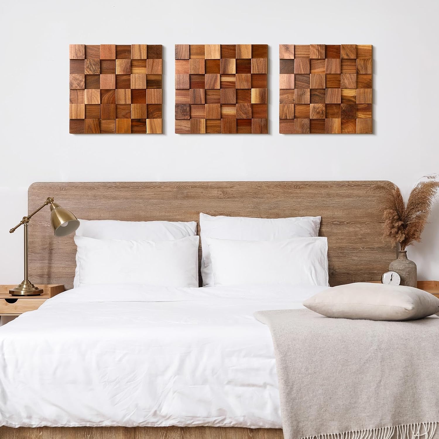 3D Wood Wall Art 11.8'' x 11.8'' Rugged Mosaic Wood Wall Decor Rustic Block Wooden Wall / Set of 3