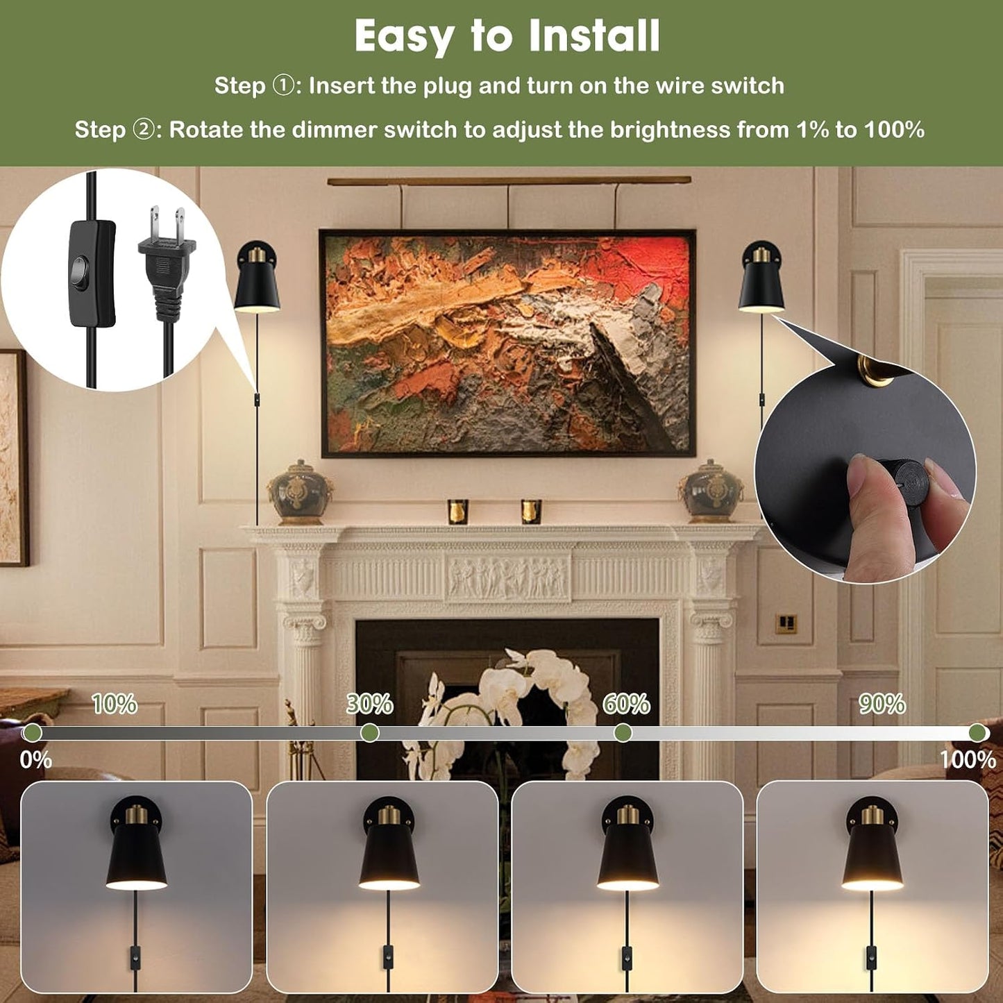 Lomoky Plug in Wall Sconces Set of 2, Dimmable Wall Lights with Plug in Cord and Dimmer On/Off Knob Switch, Adjustable
