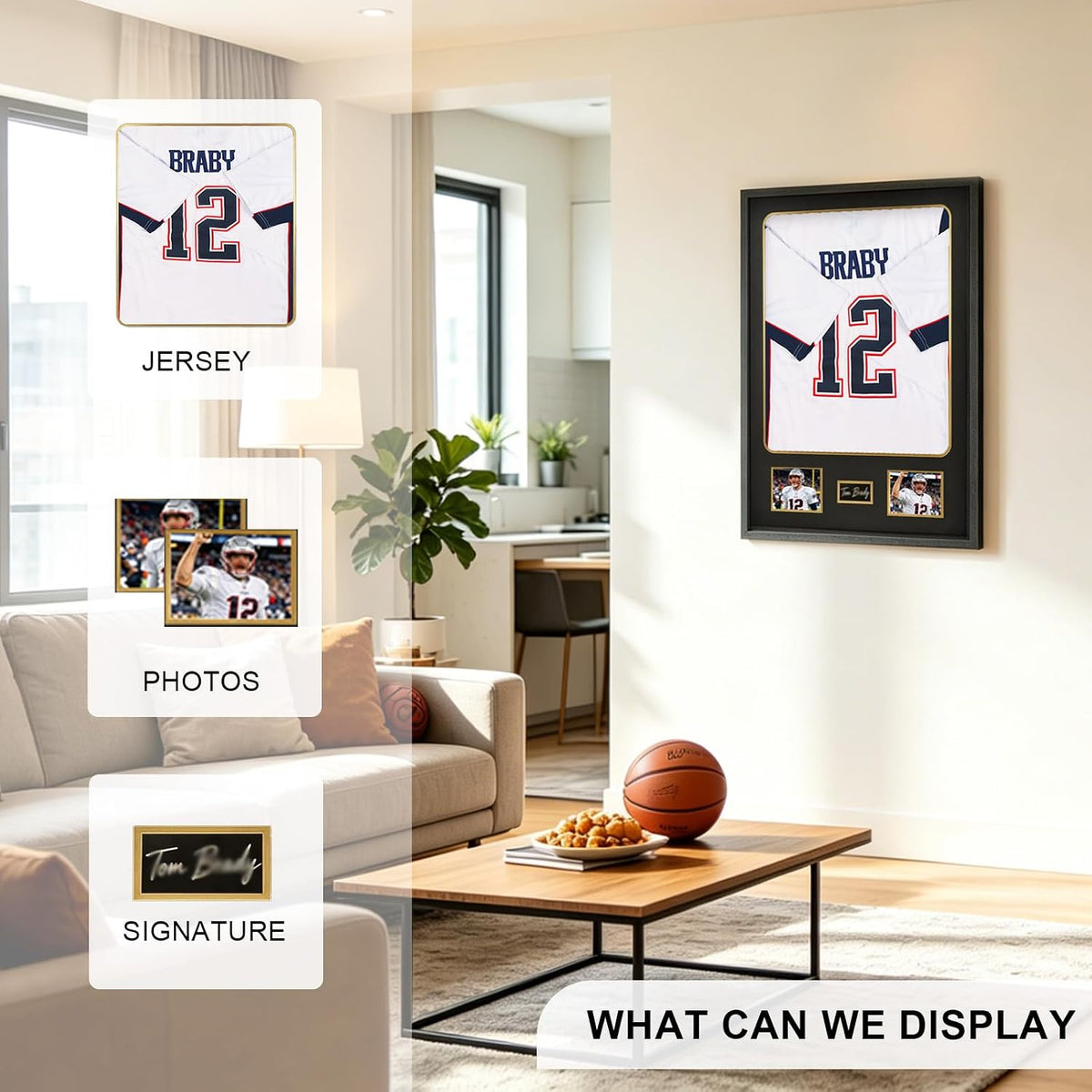 KCRasan Tempered Glass Jersey Frame Display Case with Black Gold Mat | Wooden Sport Jersey Shadow Box Frame with