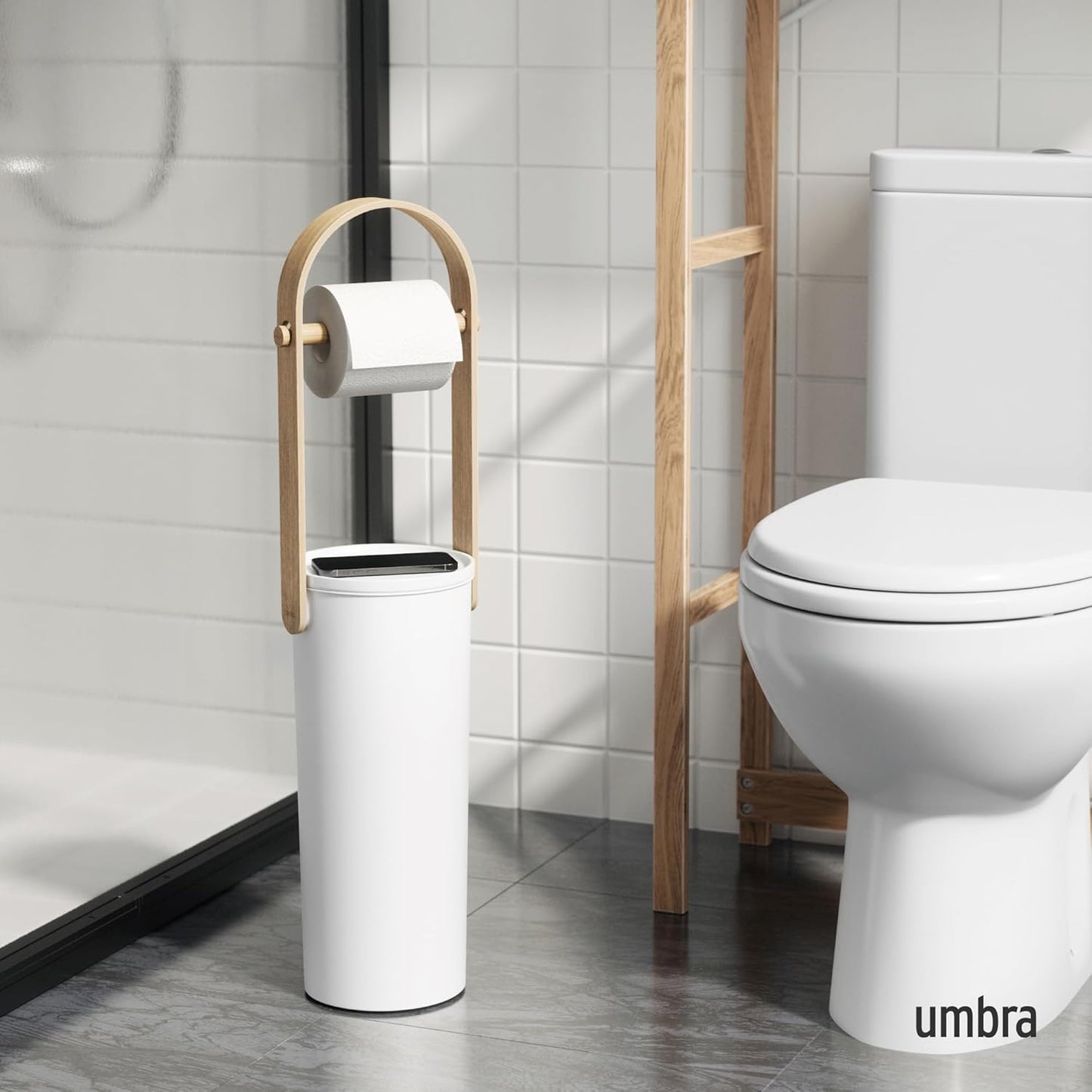 Umbra Bellwood Toilet Paper Holder, with Storage, 3 Rolls, White/Natural | Wood accents, compact for small spaces