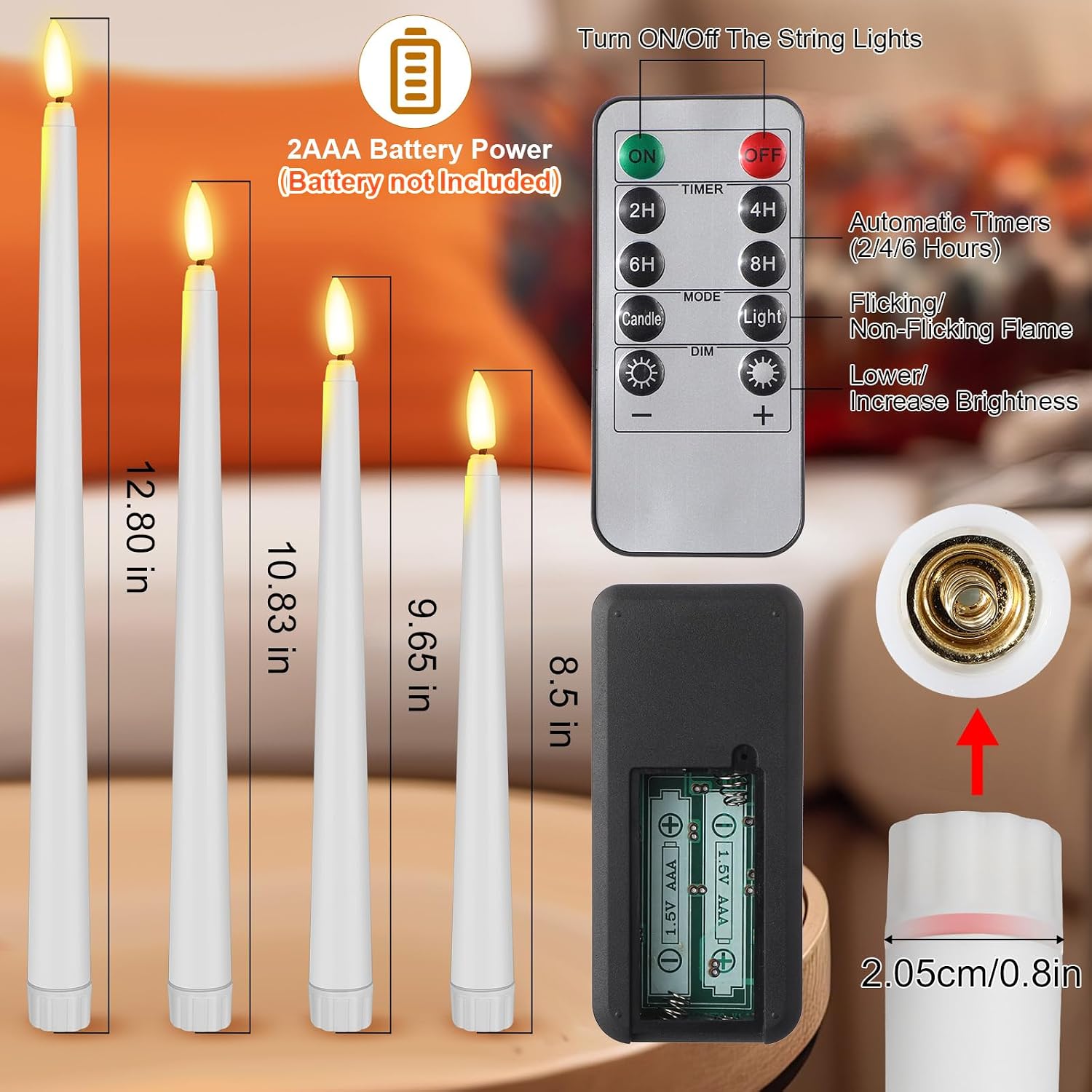 Rossesay 28 Pcs Flameless Taper Candles with Timer Remote 4 Sizes of 8.5", 9.6", 10.83", 12.8" LED Flickering Taper