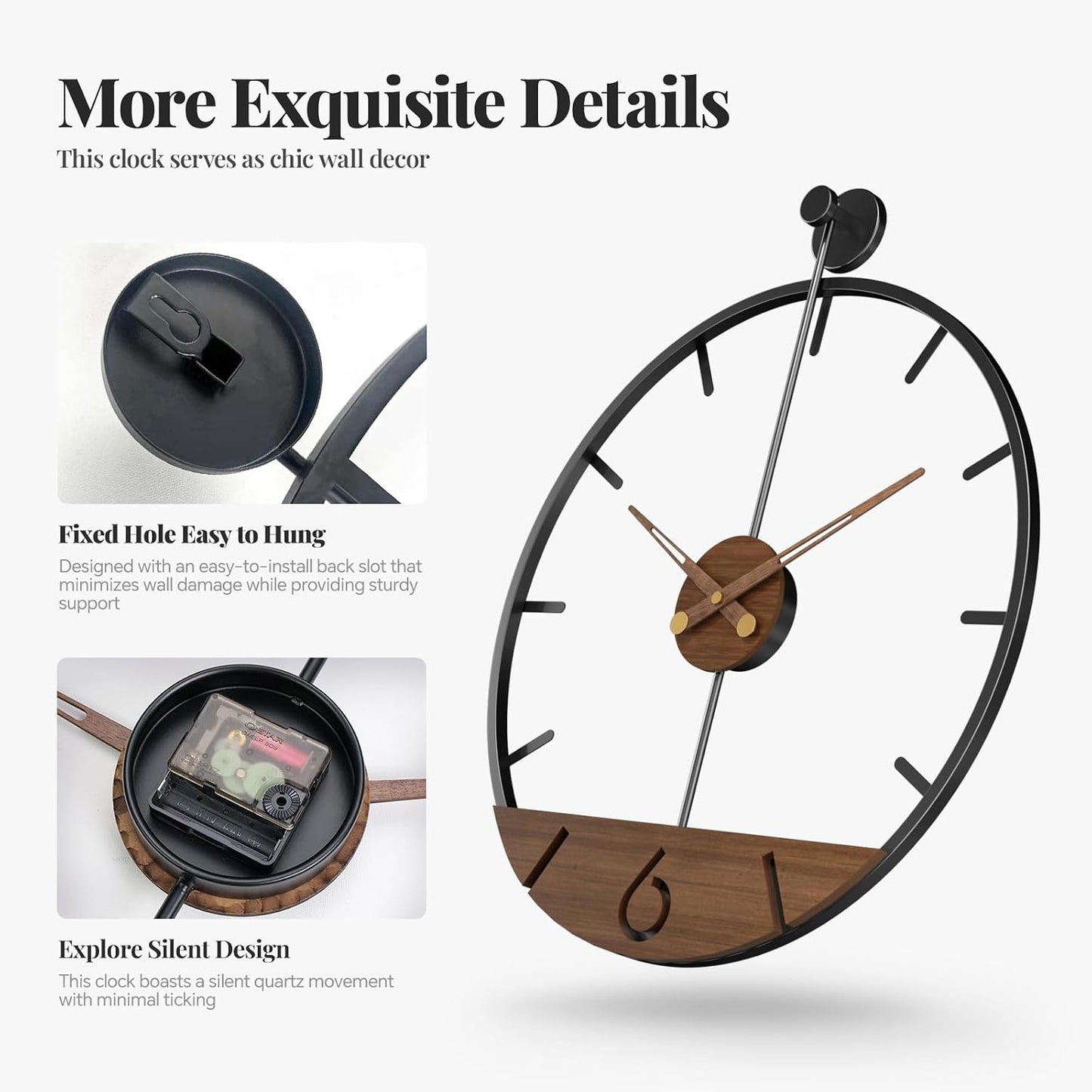 Cuspin 16 Inch Wall Clock Modern Farmhouse Walnut for Living Room Decor | Battery operated, Silent non ticking, wood