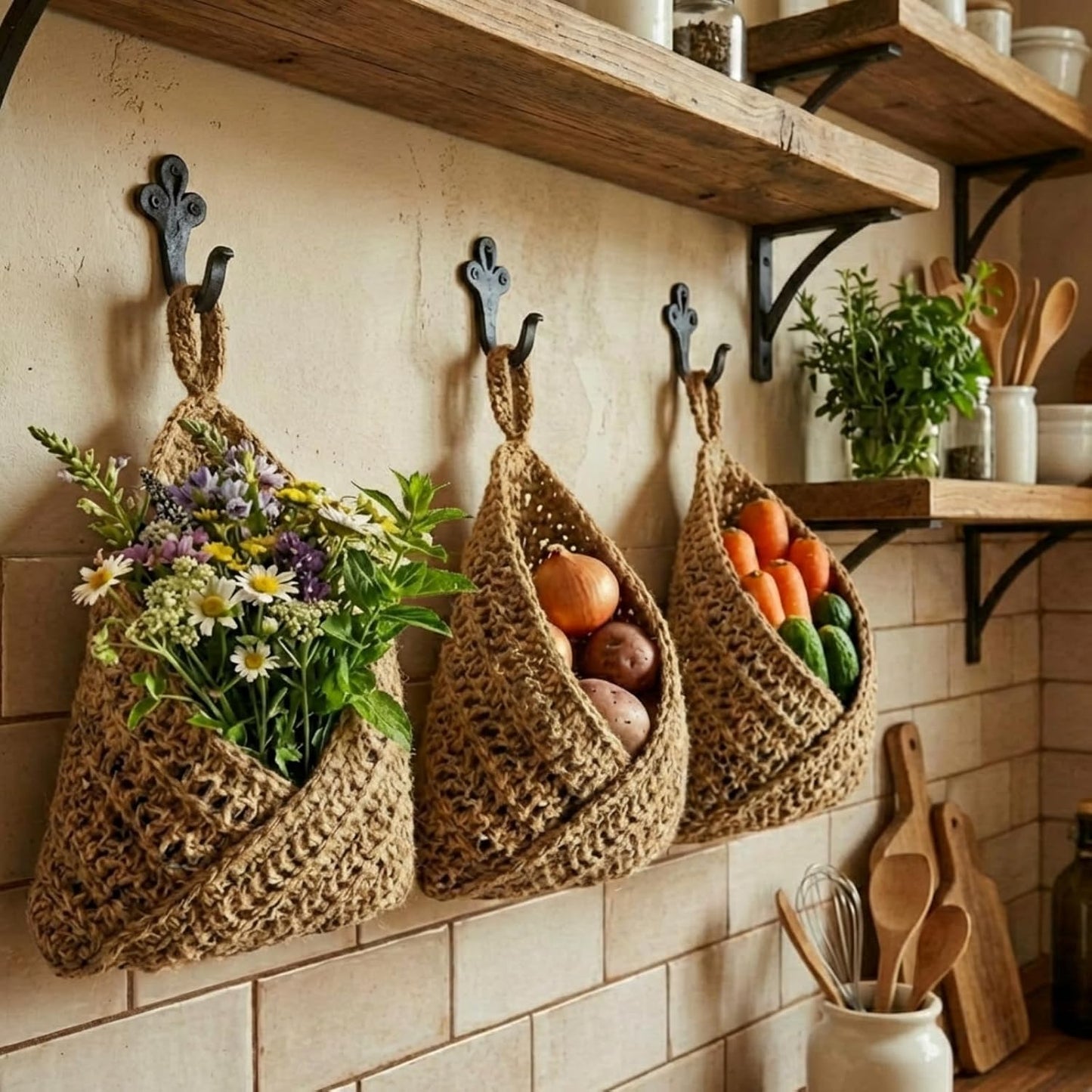 Boho Decor Hanging Wall Baskets / Linen / Jute / Triangle / Set of 3