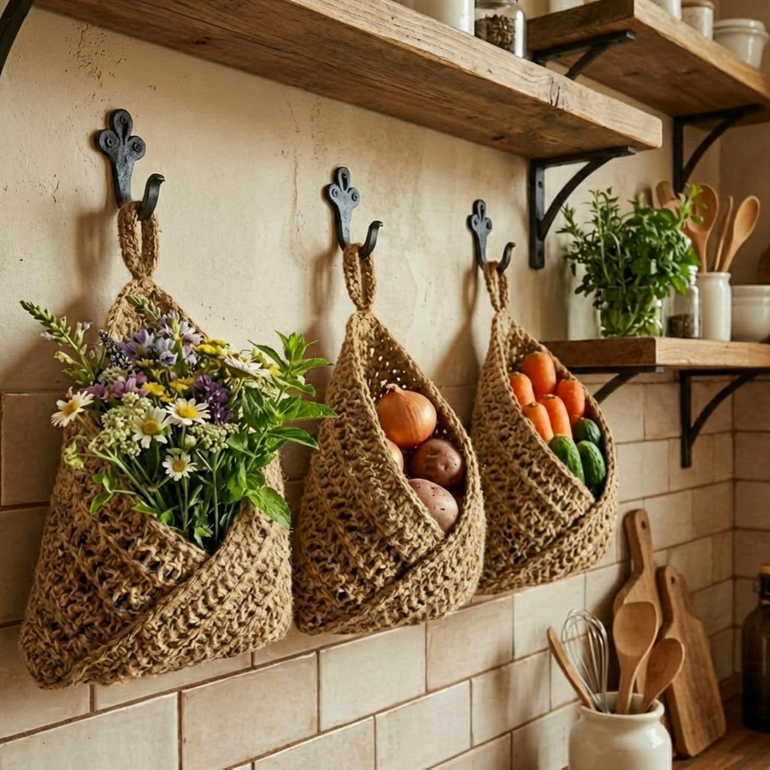 Boho Decor Hanging Wall Baskets / Linen / Jute / Triangle / Set of 3