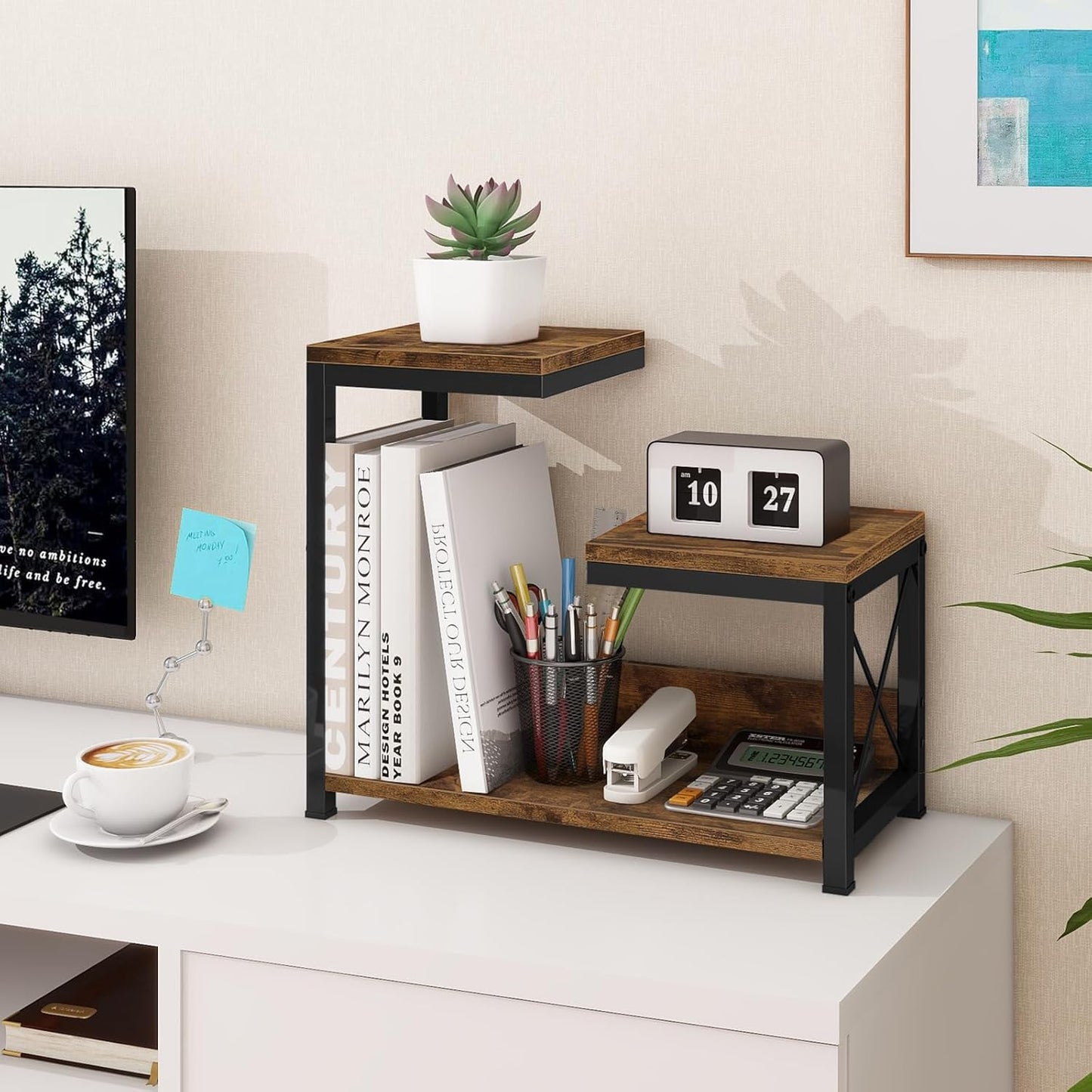 Wood Desk Organizers Storage Rack and Freestanding Display / Rustic Brown