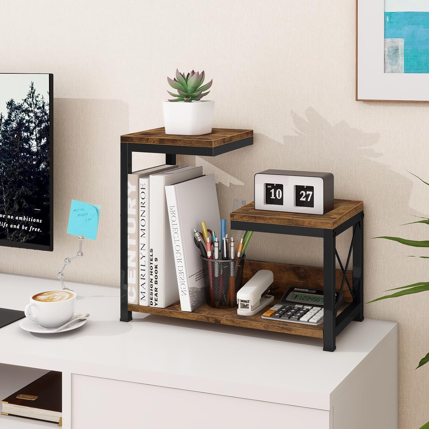 Wood Desk Organizers Storage Rack and Freestanding Display / Rustic Brown