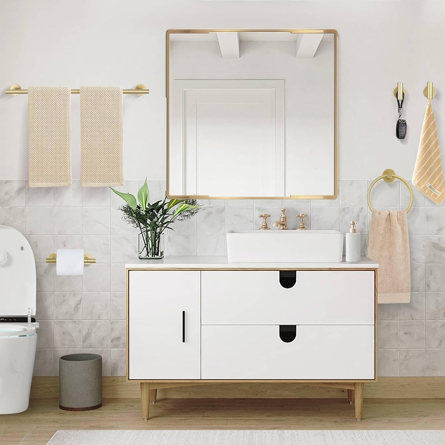 5 Pieces Brushed Gold Towel Bar Set, Upgraded Round Bathroom Hardware Accessories Set, Toilet Paper Holder Towel Holder