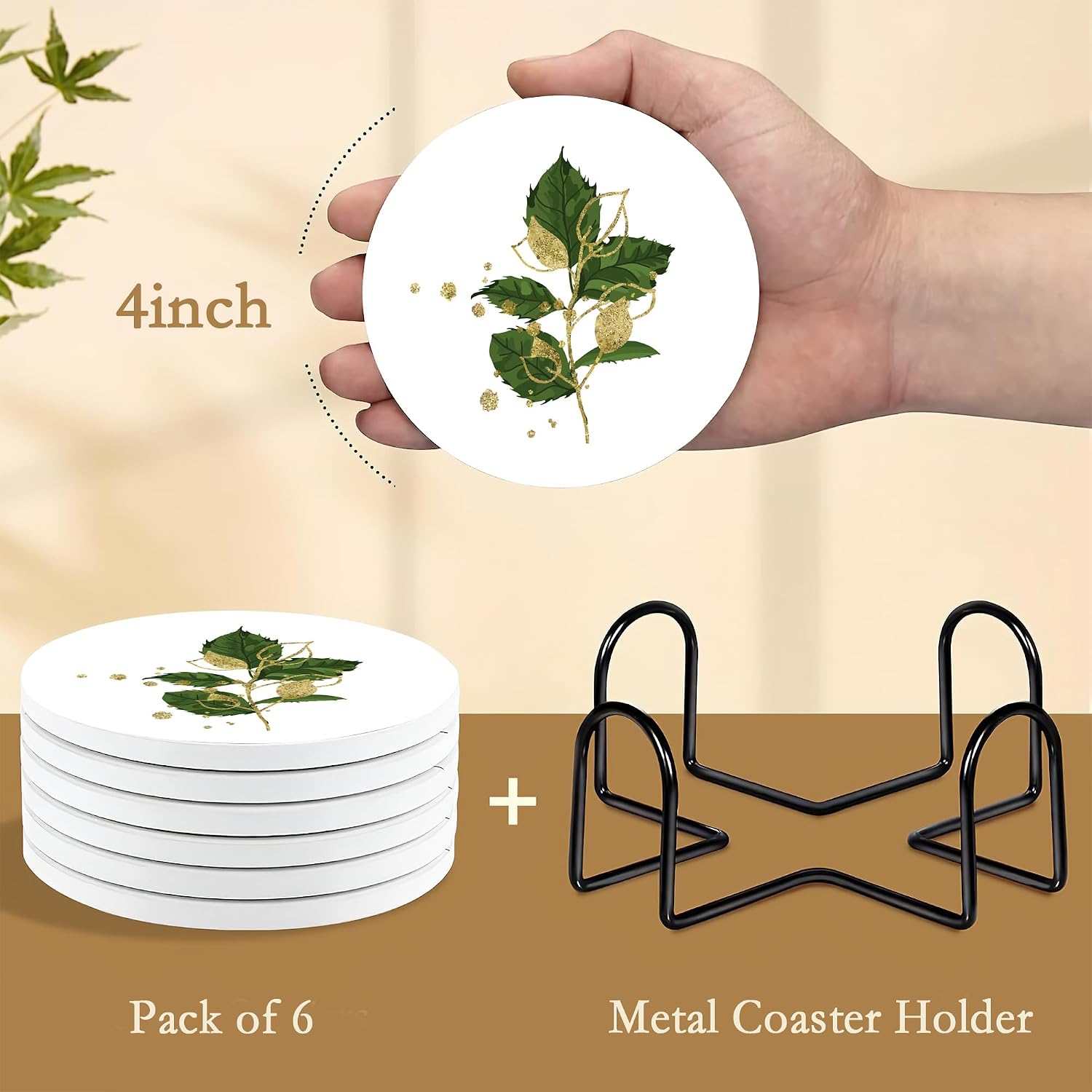Holder / Absorbent Ceramic Coasters / Green Plants / Set of 6