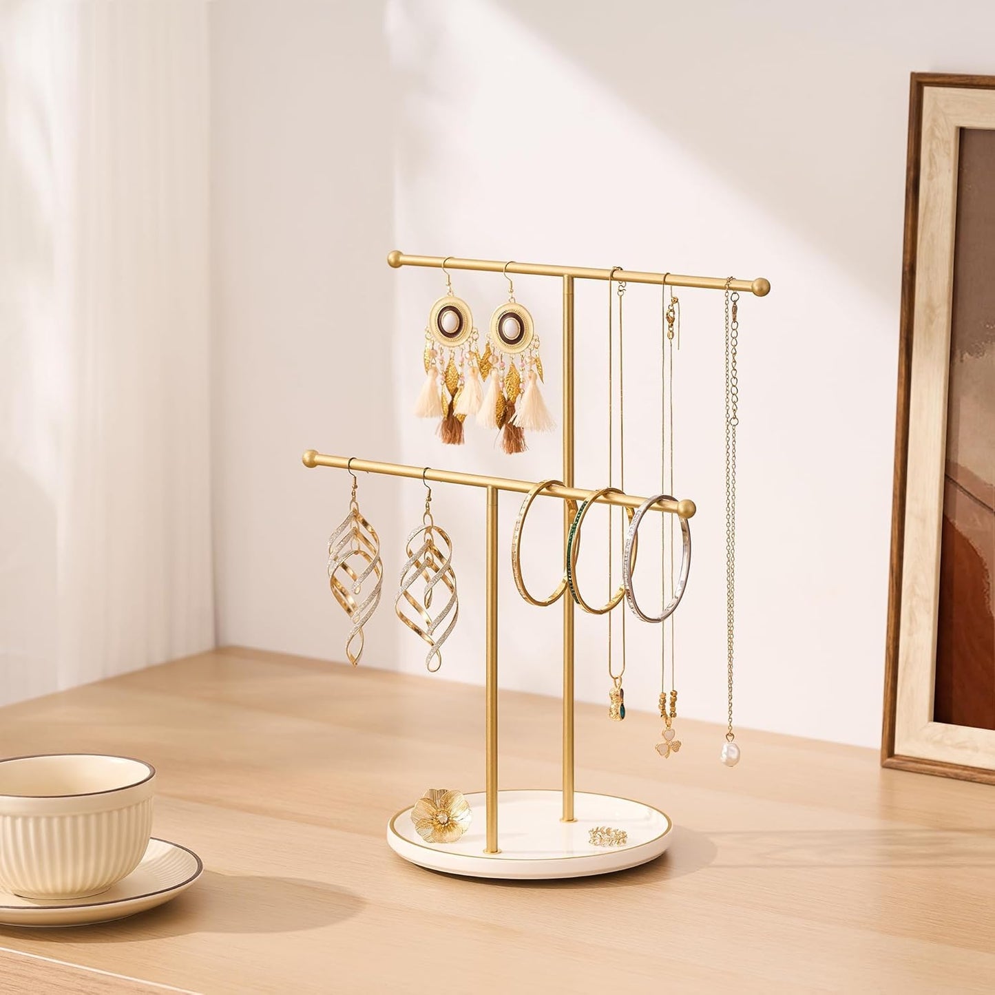 Ceramic Tray / Gold Jewelry Holder Stand / White Tray Gold Bar