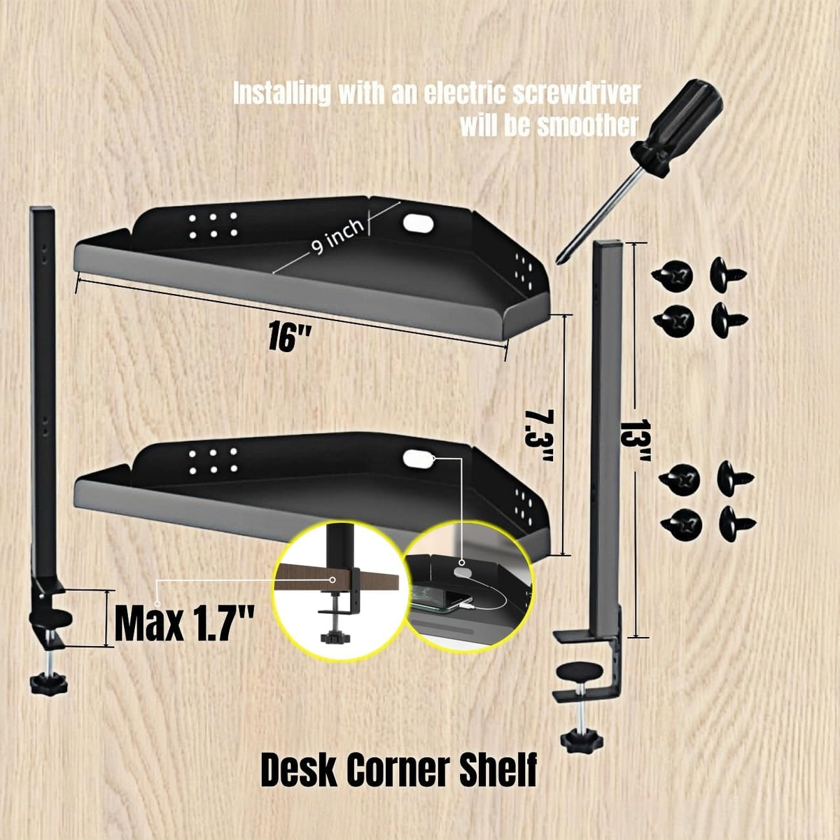 CanKing Desk Clamp Shelf, 16 Inch Corner | 2-Tier height adjustable metal shelf, clamp-mounted only above or under desk