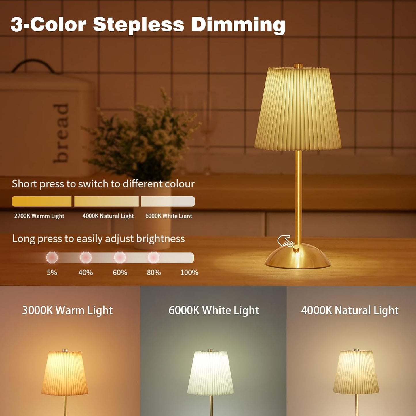 2-Pack Cordless Rechargeable Table Lamp, 3-Color Dimmable Touch Light | 3000mAh Battery Operated, Beige Fabric Shade