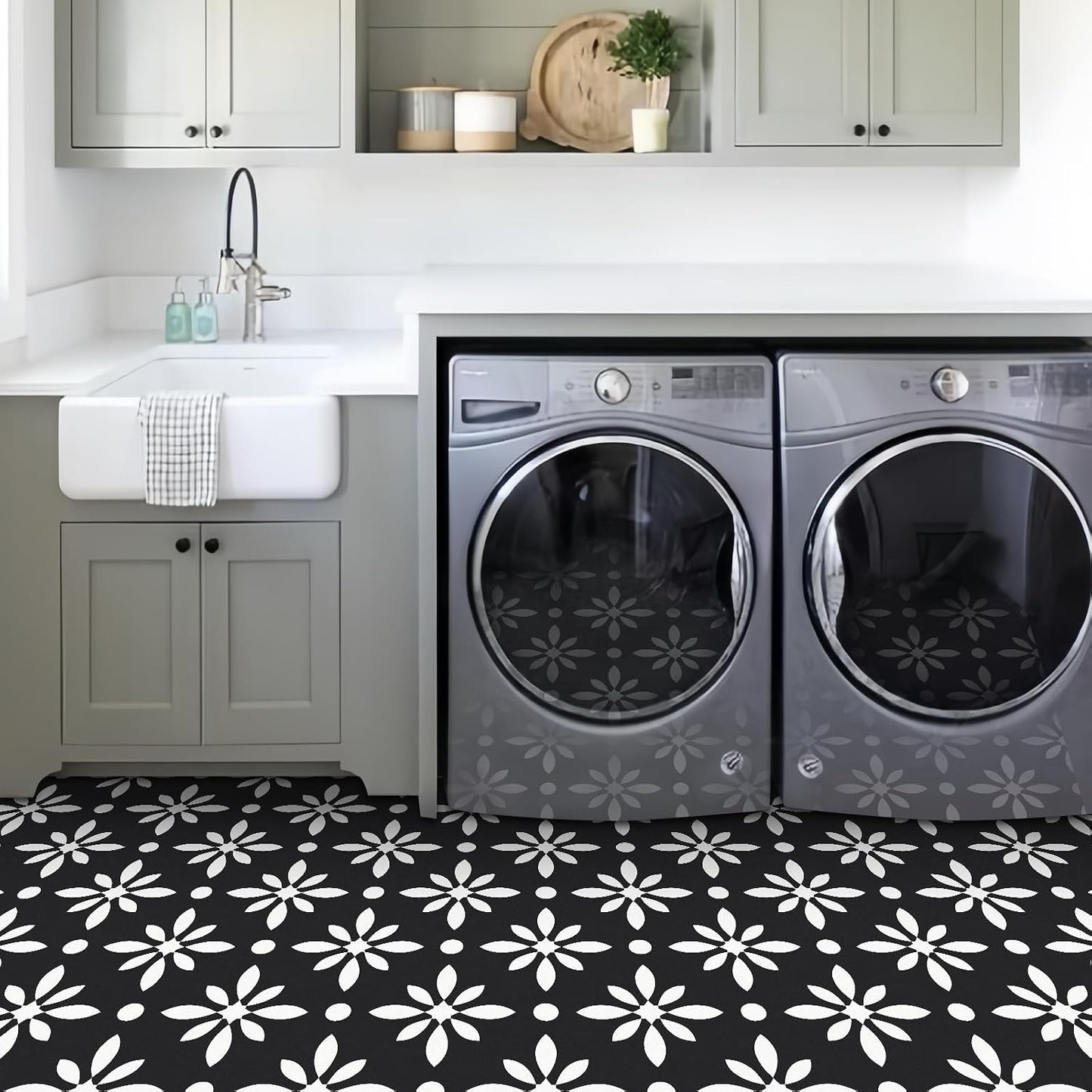 MORCART Peel and Stick Floor Tile / 7.87 x 7.87 / White Flowers+black Ft-1625 / Set of 20