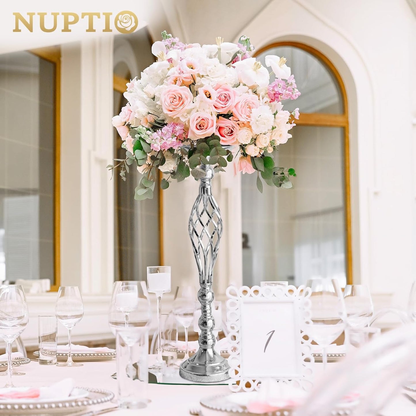 NUPTIO Silver Centerpiece Stand for Table, Twist Style, 22.8" Tall, 2 Pcs | Versatile Flower Arrangement, Candle Holder