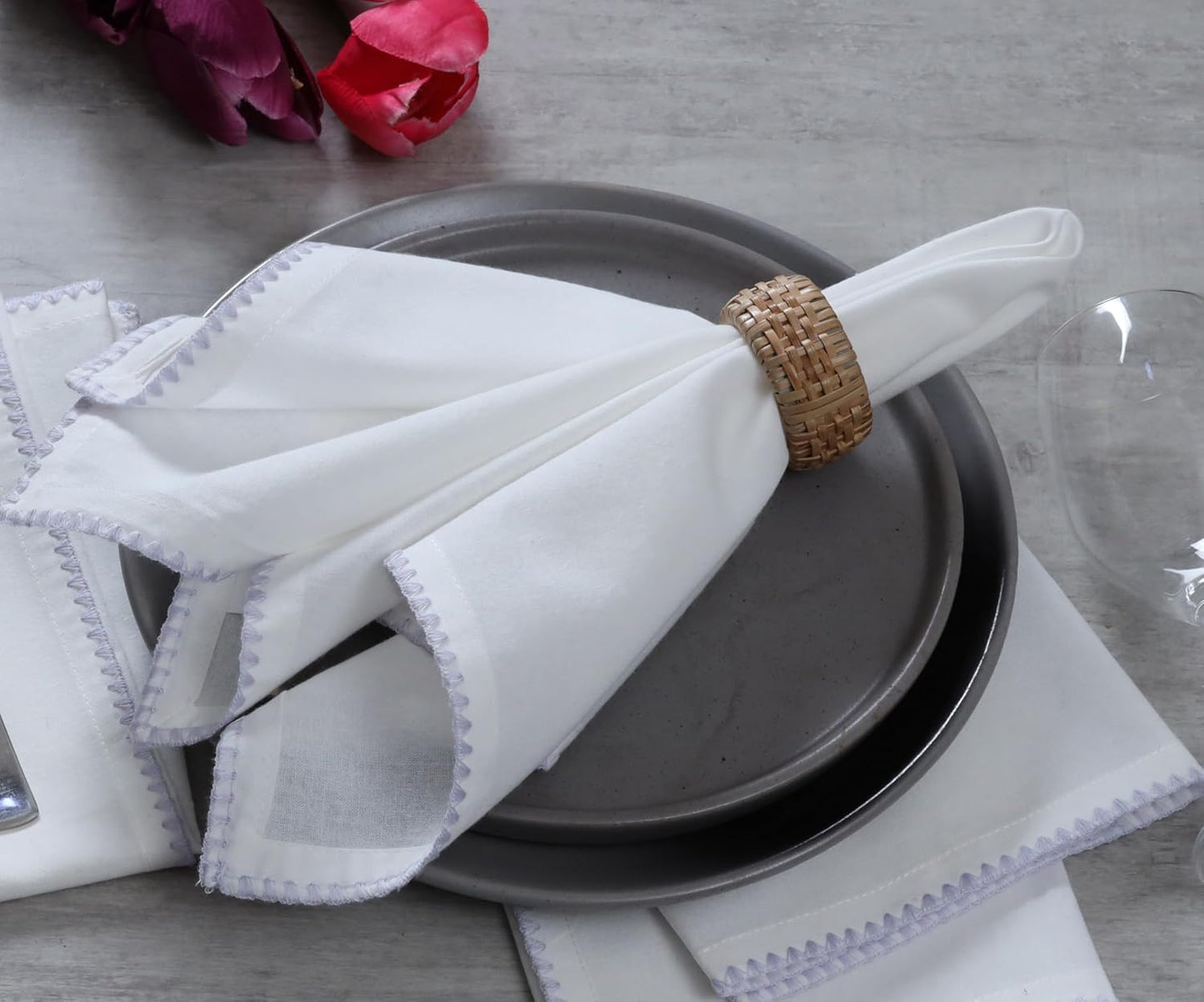 Bedding Craft Cotton Cloth Dinner Napkins Set of 12 – 18x18 Lavender Blue Napkins with Colored Edge Embroidery –