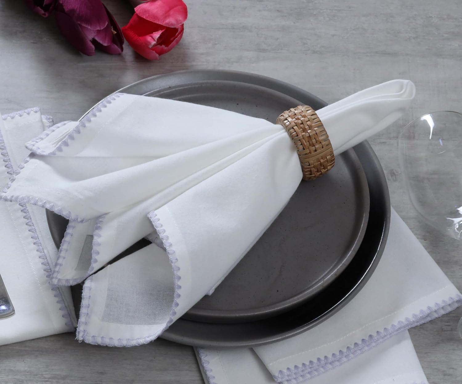 Bedding Craft Cotton Cloth Dinner Napkins Set of 12 – 18x18 Lavender Blue Napkins with Colored Edge Embroidery –