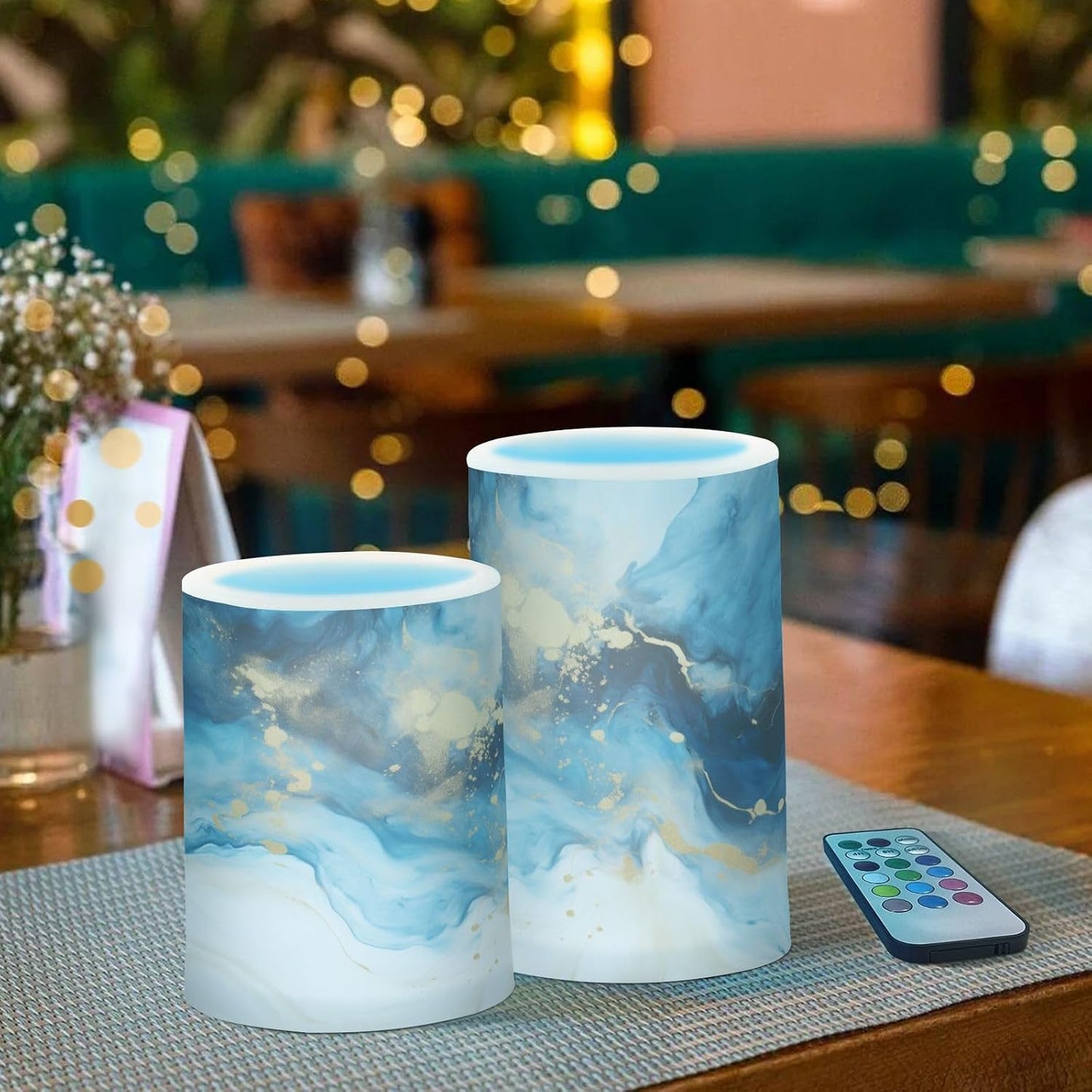 Flickering Flameless Candles, Marble Navy Blue LED Candles with Remote Timer, Set of 2 Battery Operated Candle for