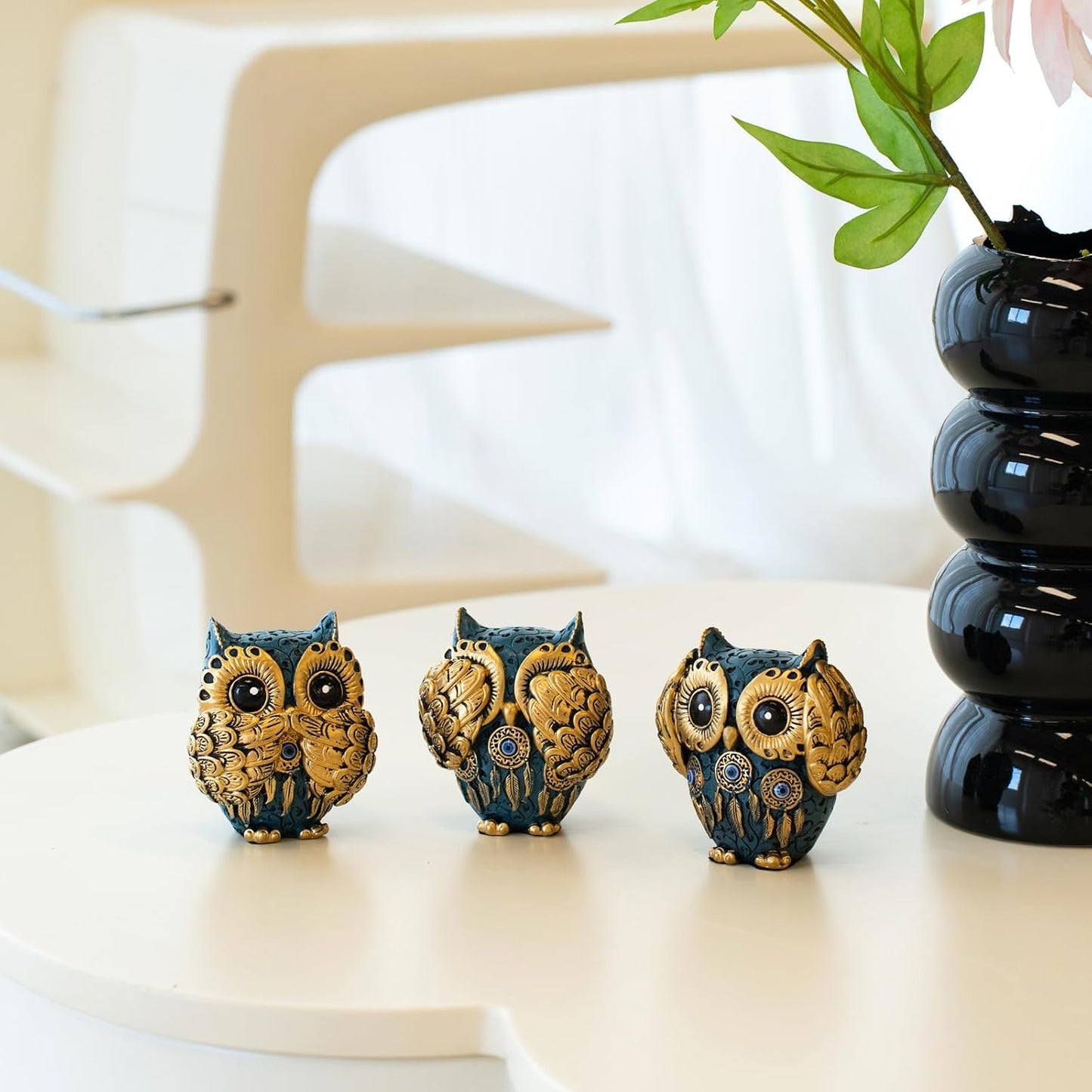 Decorative See No Evil Hear No Evil Speak No Evil Owl Figurines / Blue / Set of 3