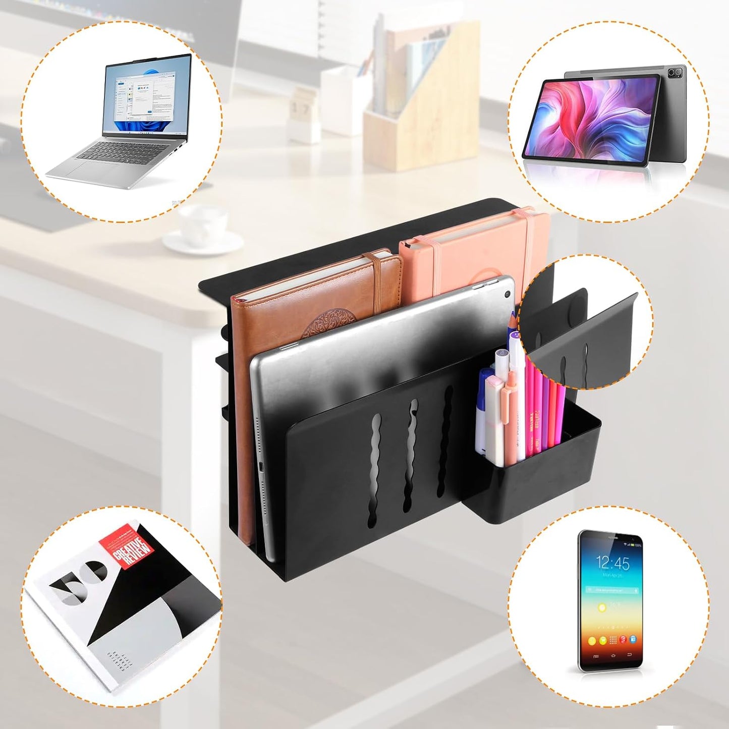 Desk Side Storage, 2 Tier Steel Hanging Organizer, No Drill Side Desk Organizer, Laptop Holder, with Pen Holder, For