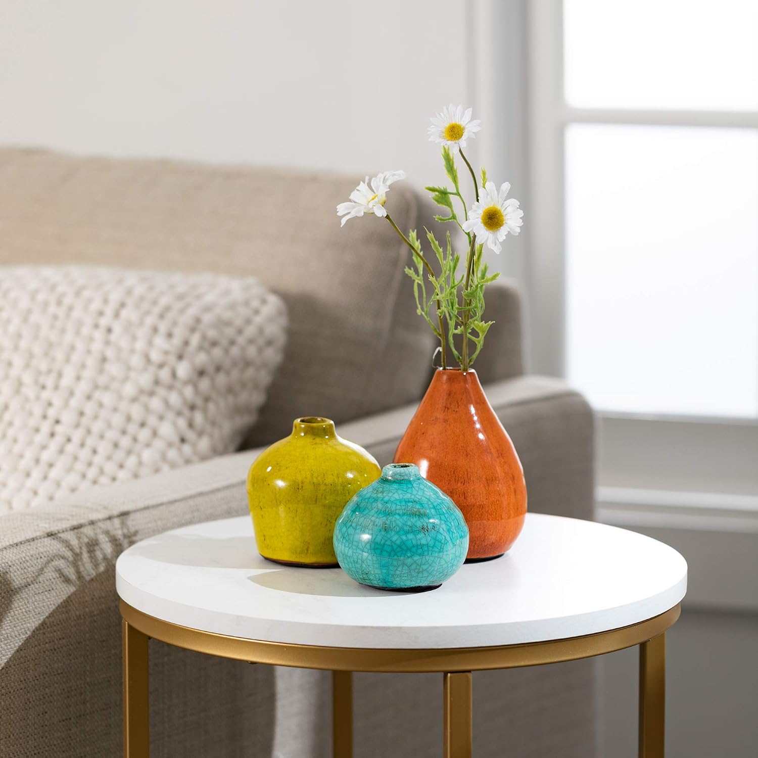 Ceramic Vase Set- 3 Small Vases / Aqua, Orange, Green / Set of 3