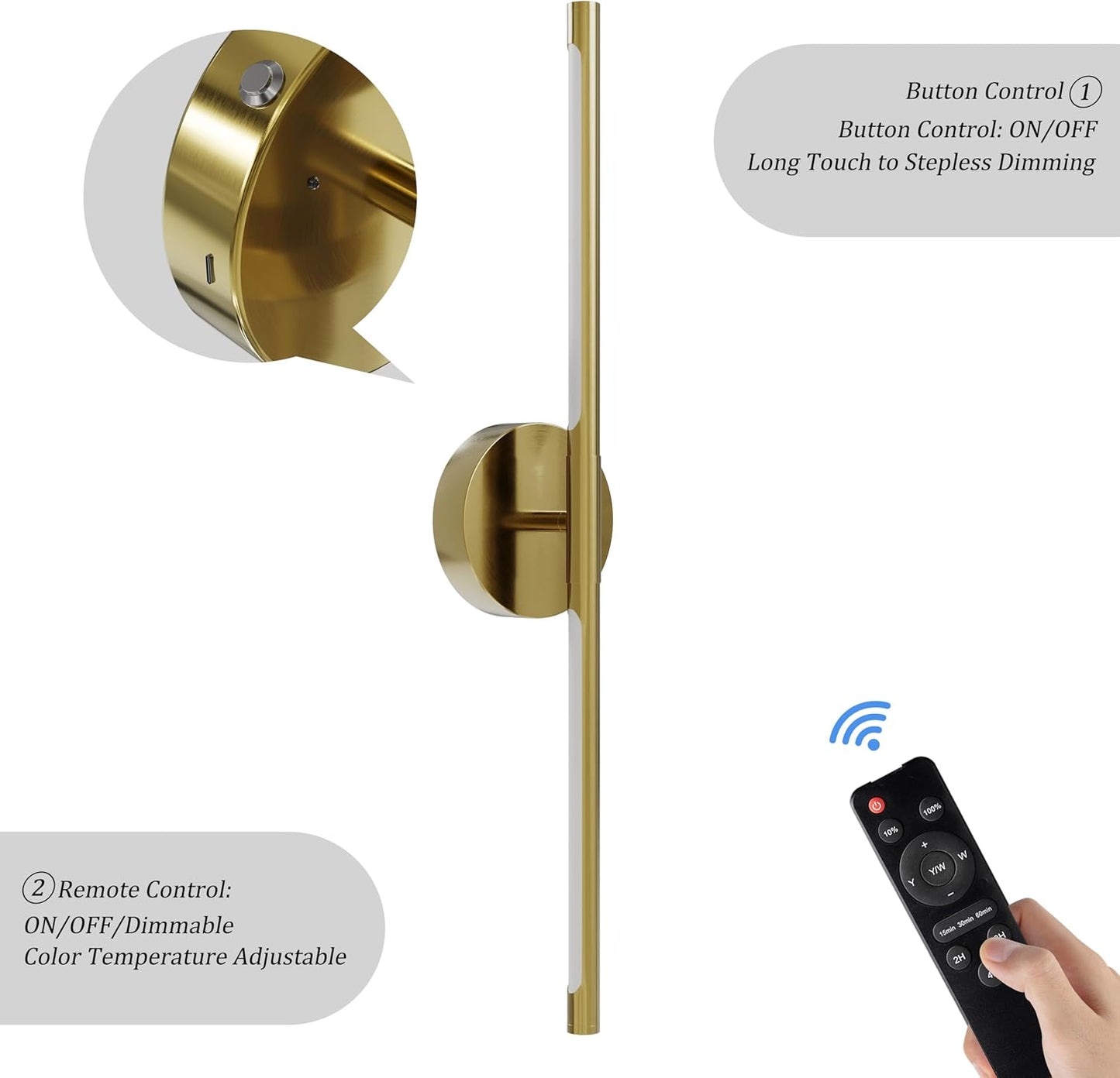 24" Battery Operated Wall Sconce Set of 2, 350° Rotating Lamp, Gold | Wireless, 8000mAh Rechargeable Battery, Stepless